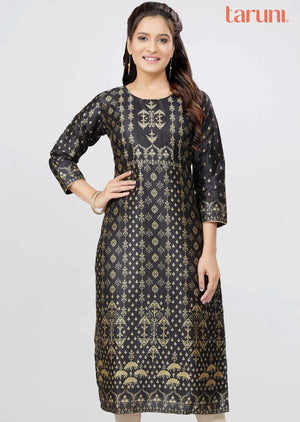 Black Chanderi Printed Straight Cut Kurti