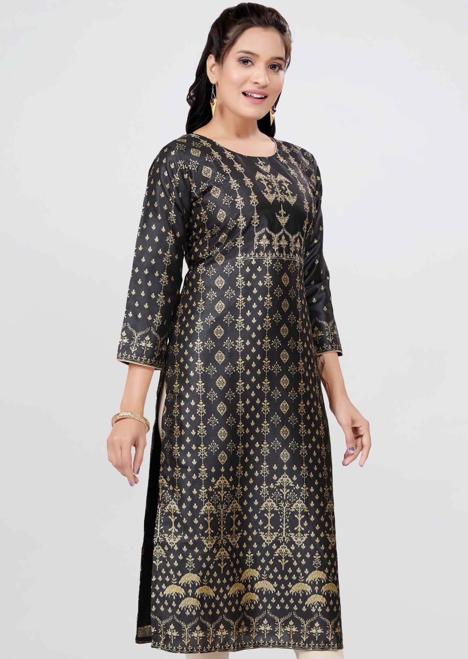 Black Chanderi Printed Straight Cut Kurti