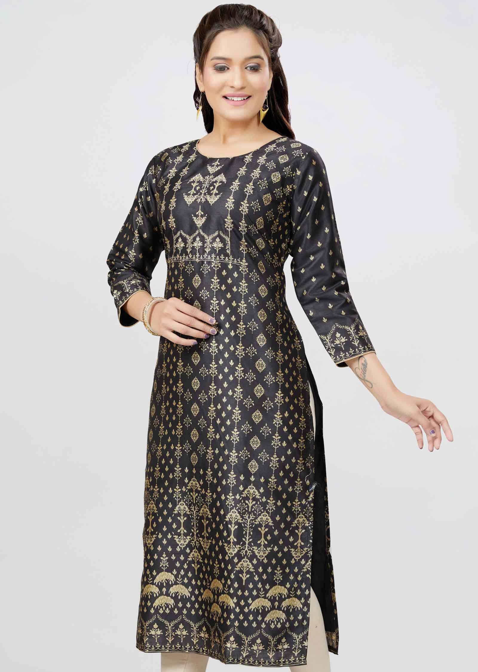 Black Chanderi Printed Straight Cut Kurti