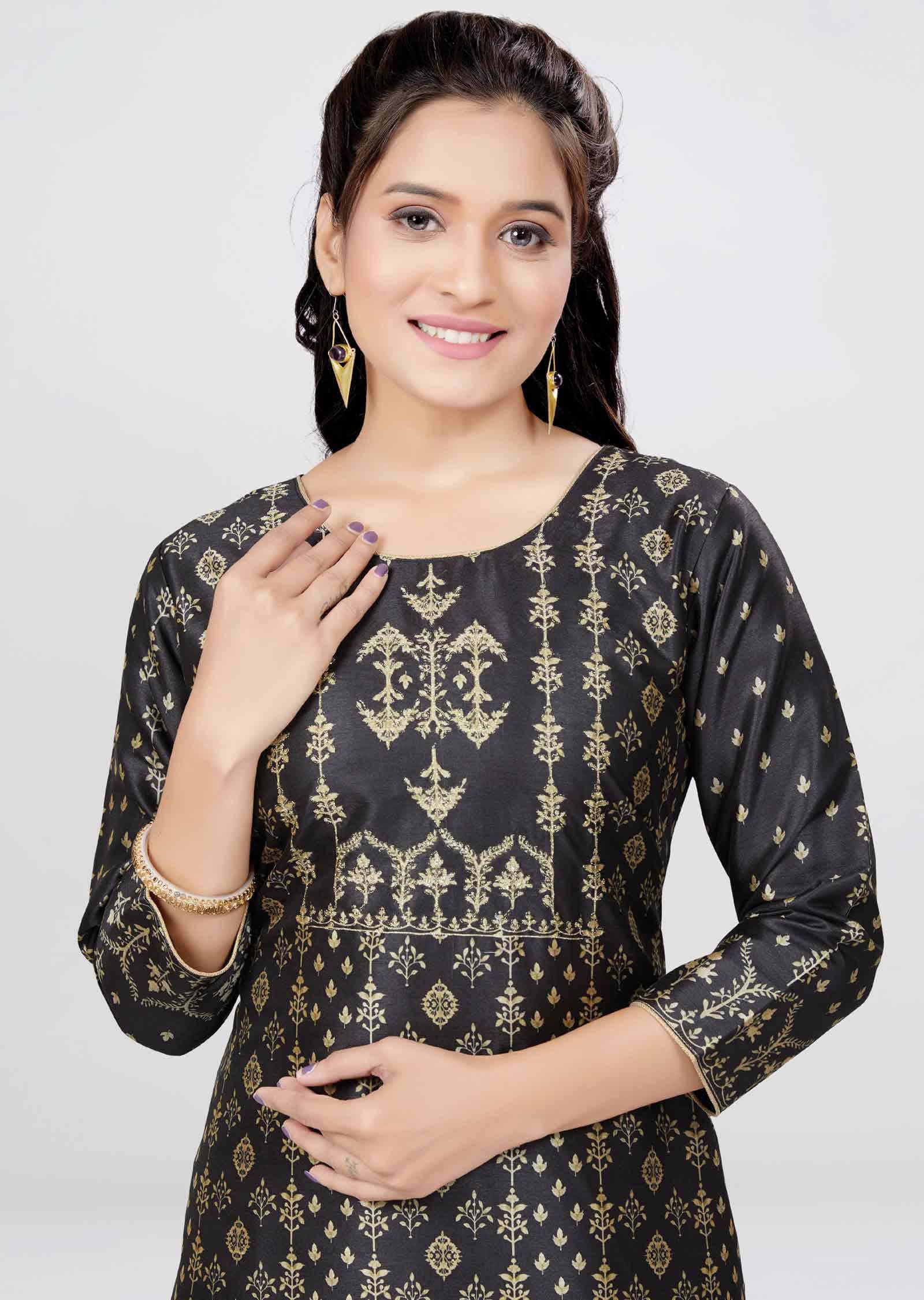 Black Chanderi Printed Straight Cut Kurti