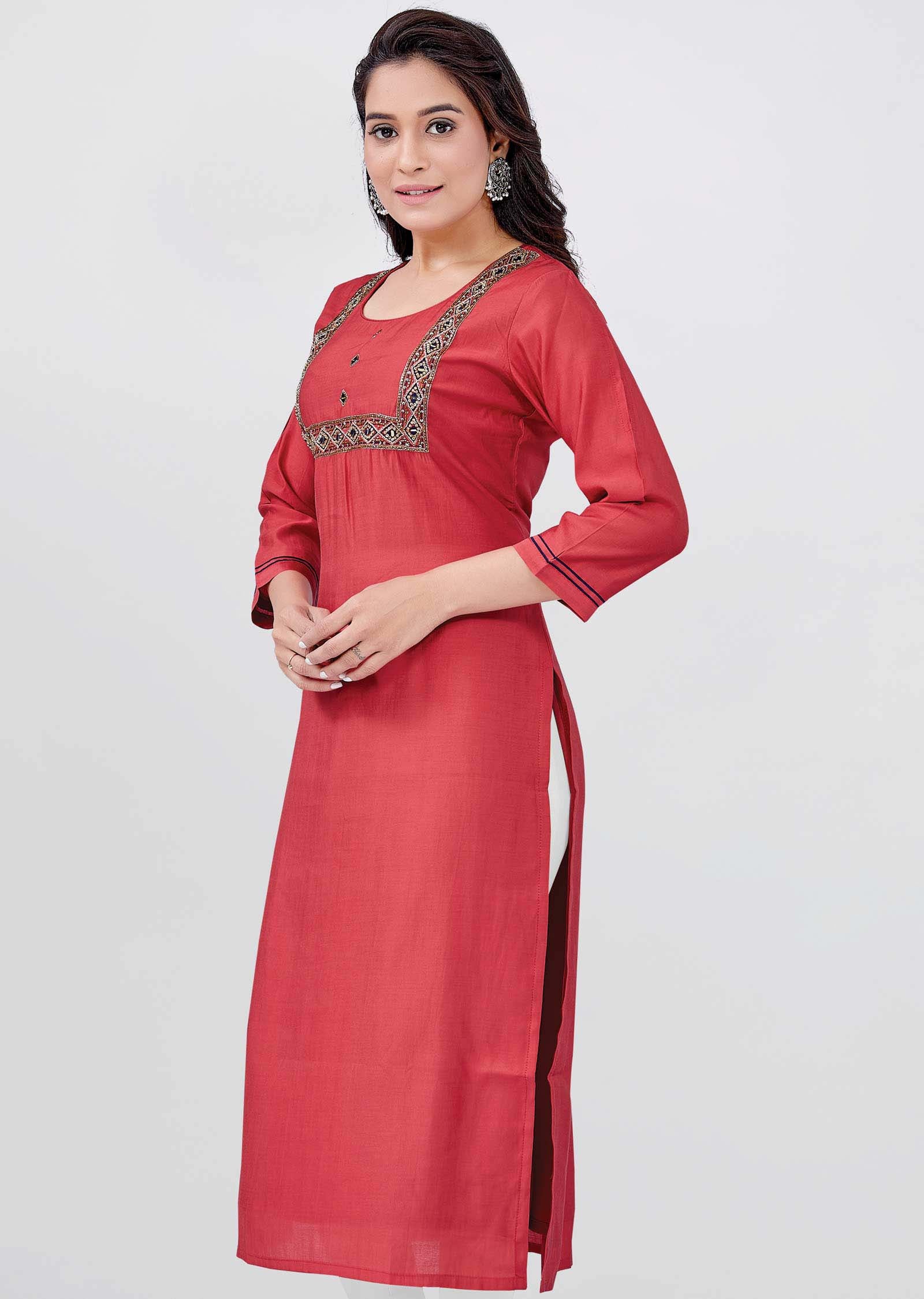 Rsut Chanderi silk Sequins Straight Cut Kurti