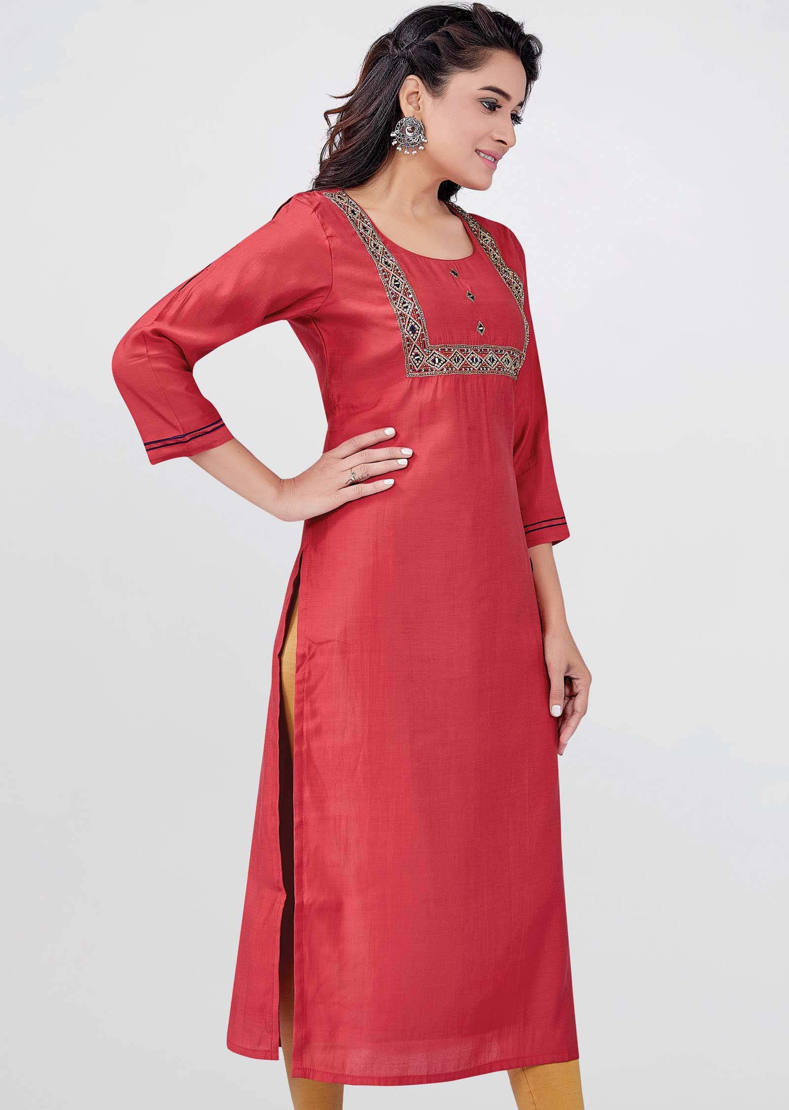 Rsut Chanderi silk Sequins Straight Cut Kurti