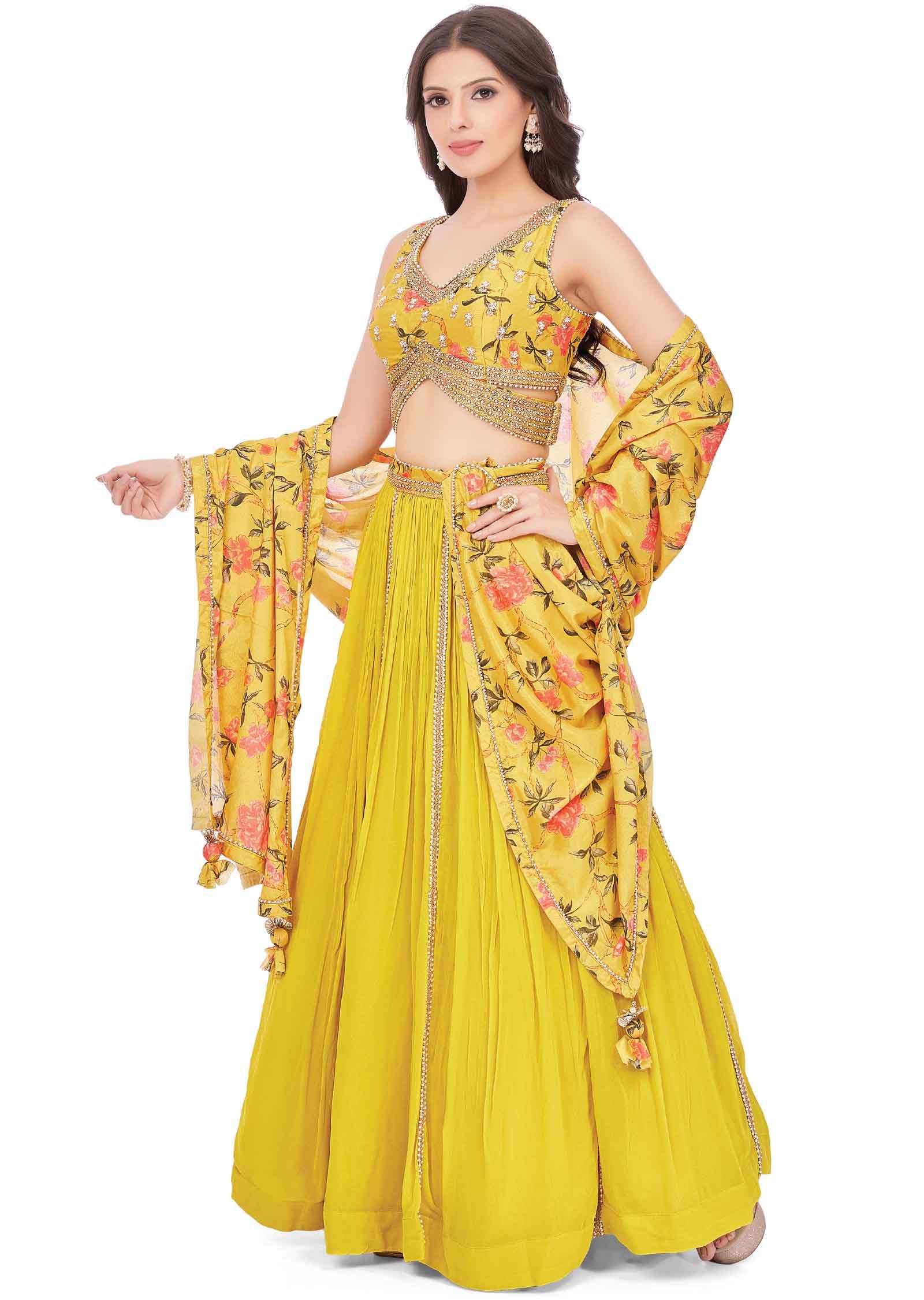 Yellow Chinnon Georgette Bridal Lehenga