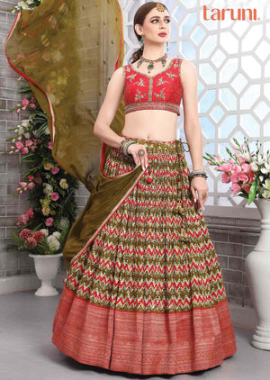 Red & Mehendi Green Silk Zardosi & Embroidered lehenga