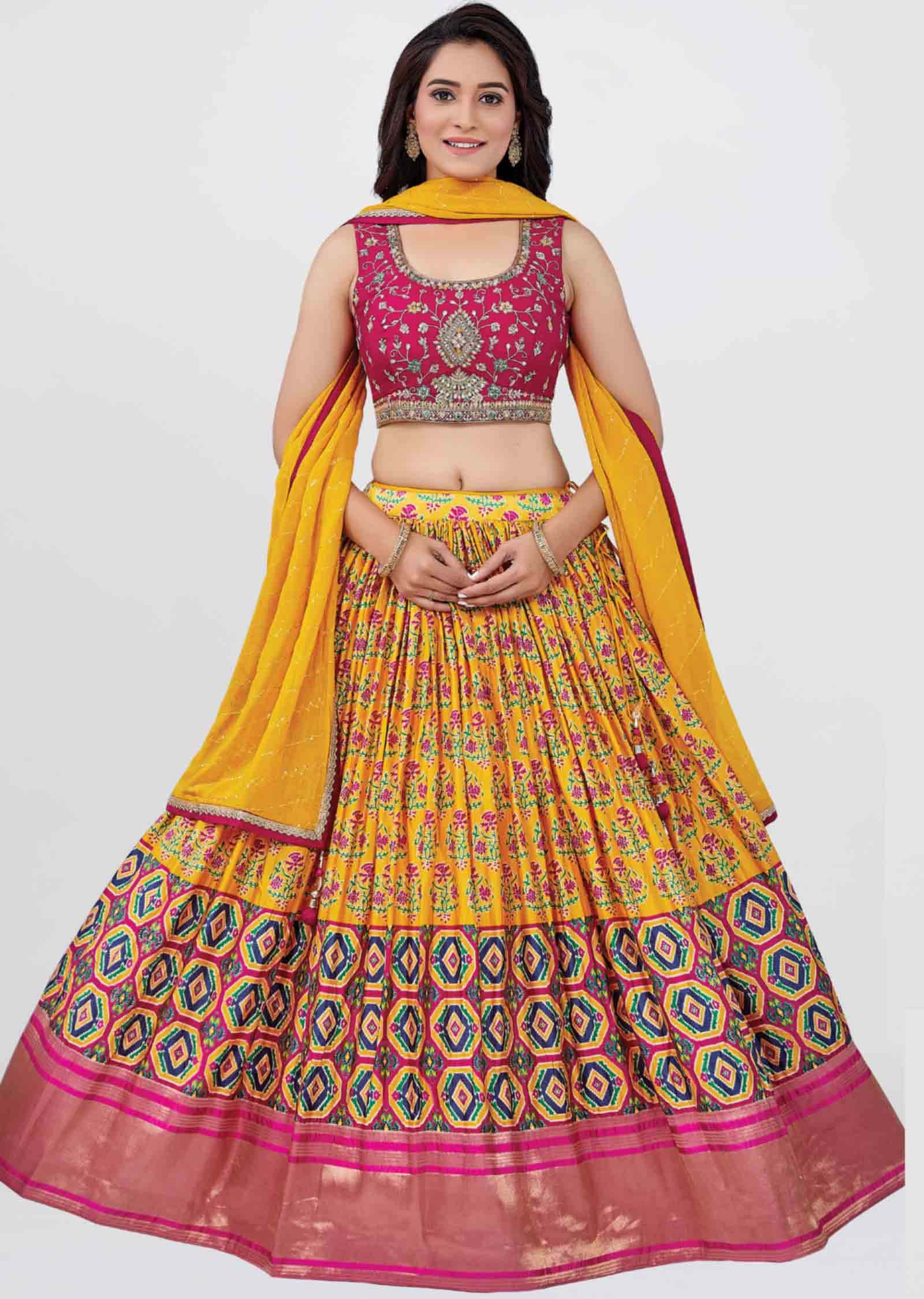 Rani Pink /Yellow Silk Printed lehenga