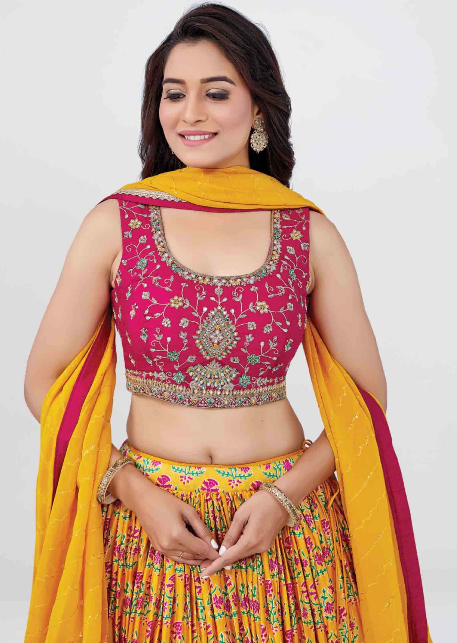 Rani Pink /Yellow Silk Printed lehenga