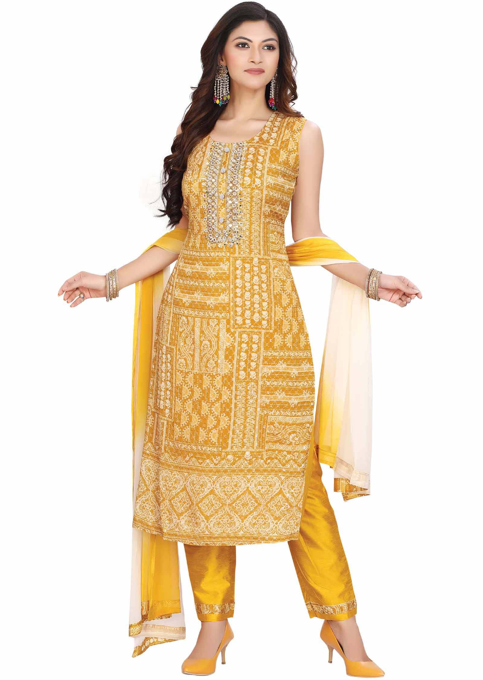 Mustard Chinnon Zardosi & Embroidered Straight cut suits