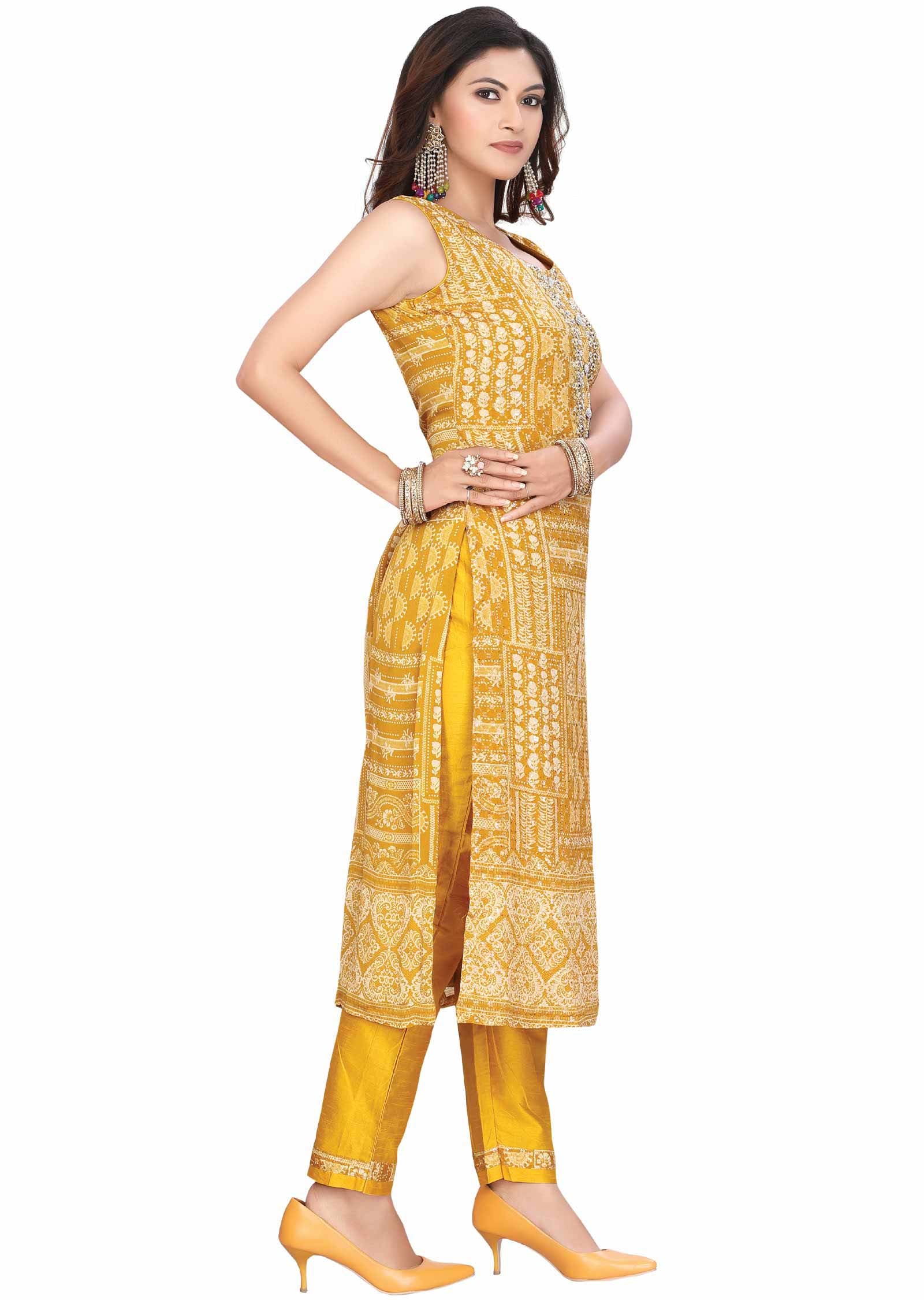 Mustard Chinnon Zardosi & Embroidered Straight cut suits