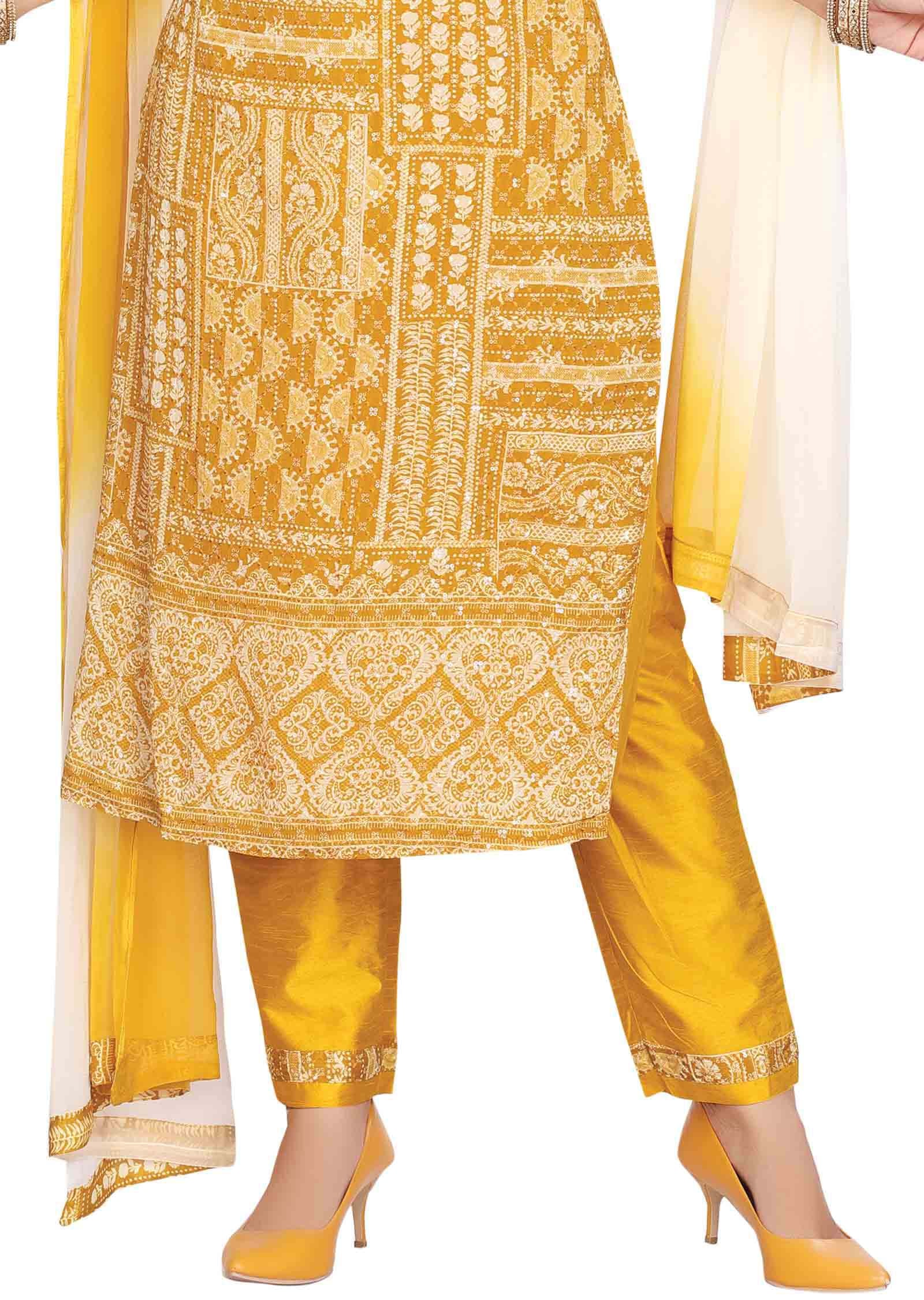 Mustard Chinnon Zardosi & Embroidered Straight cut suits