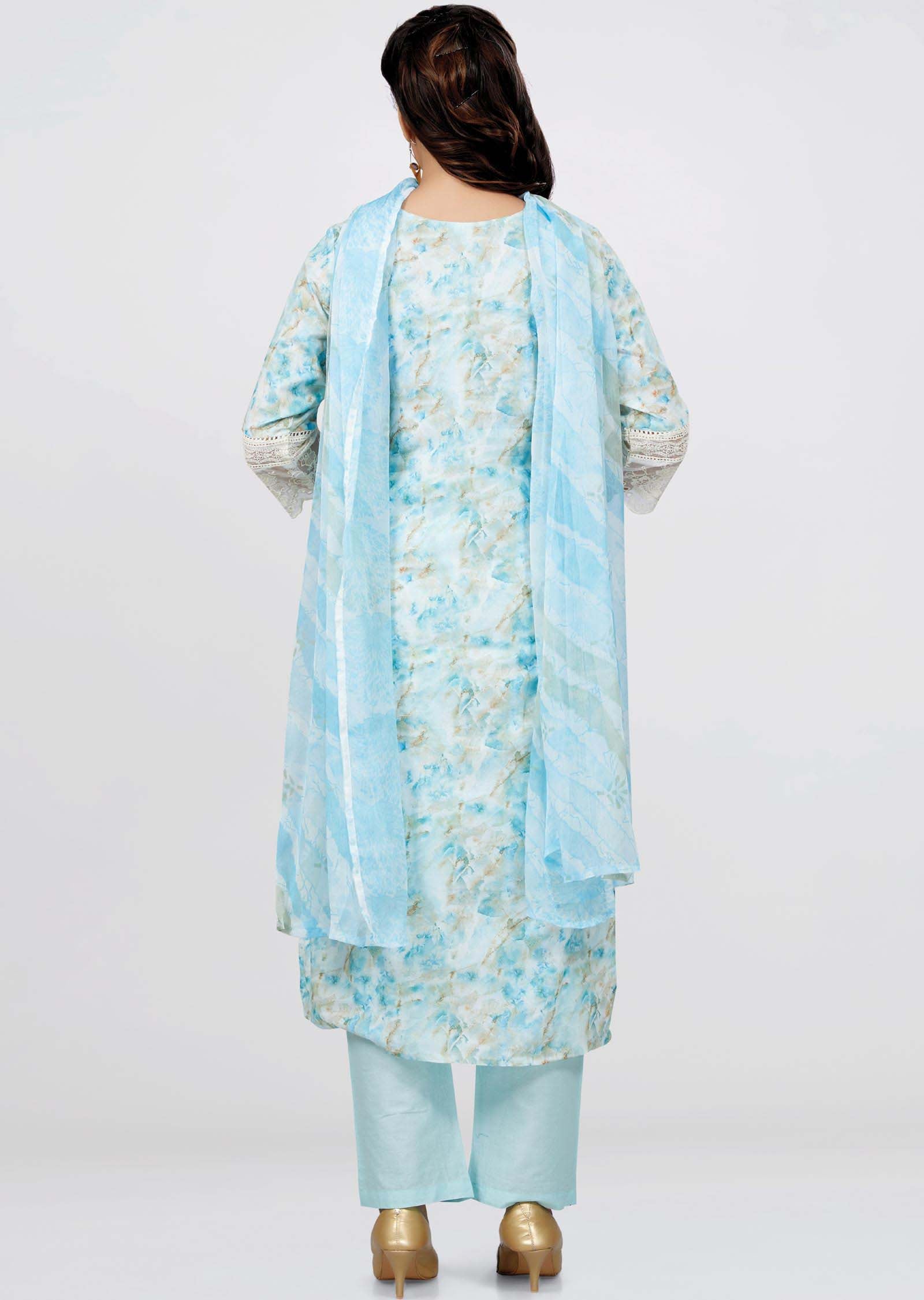 Light Blue schiffli cotton Printed Straight cut suits