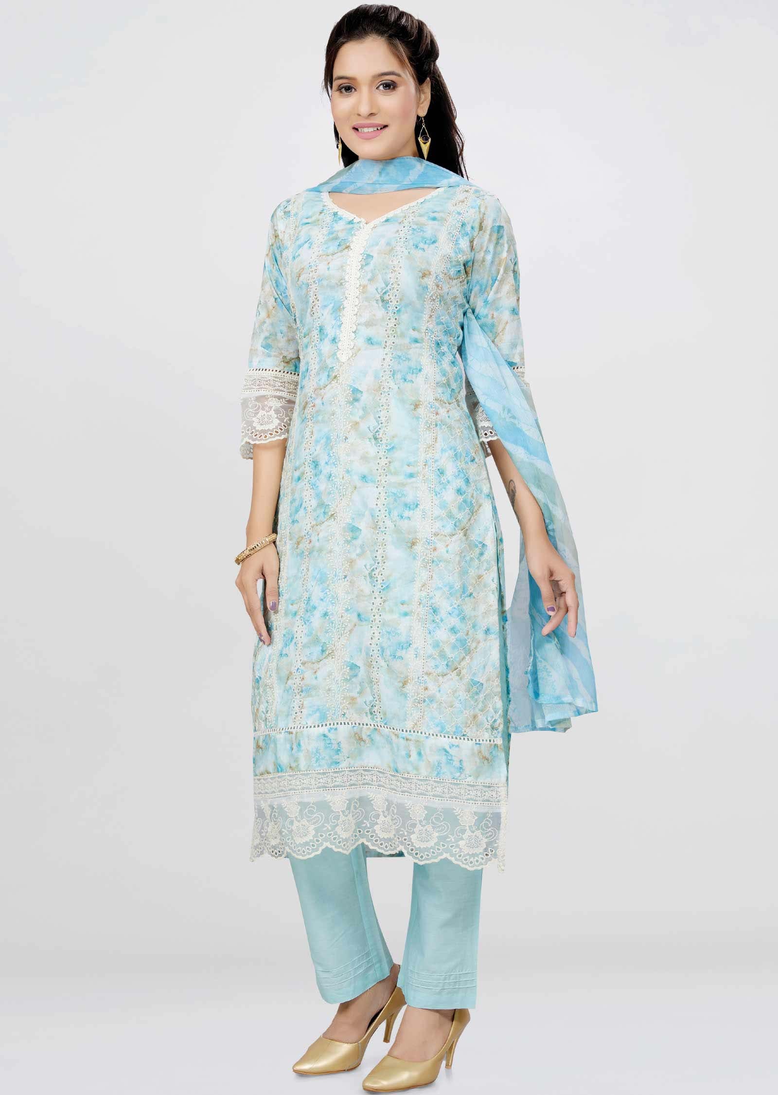 Light Blue schiffli cotton Printed Straight cut suits