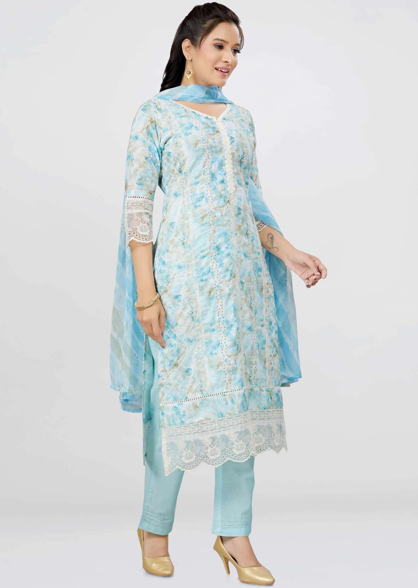 Light Blue schiffli cotton Printed Straight cut suits