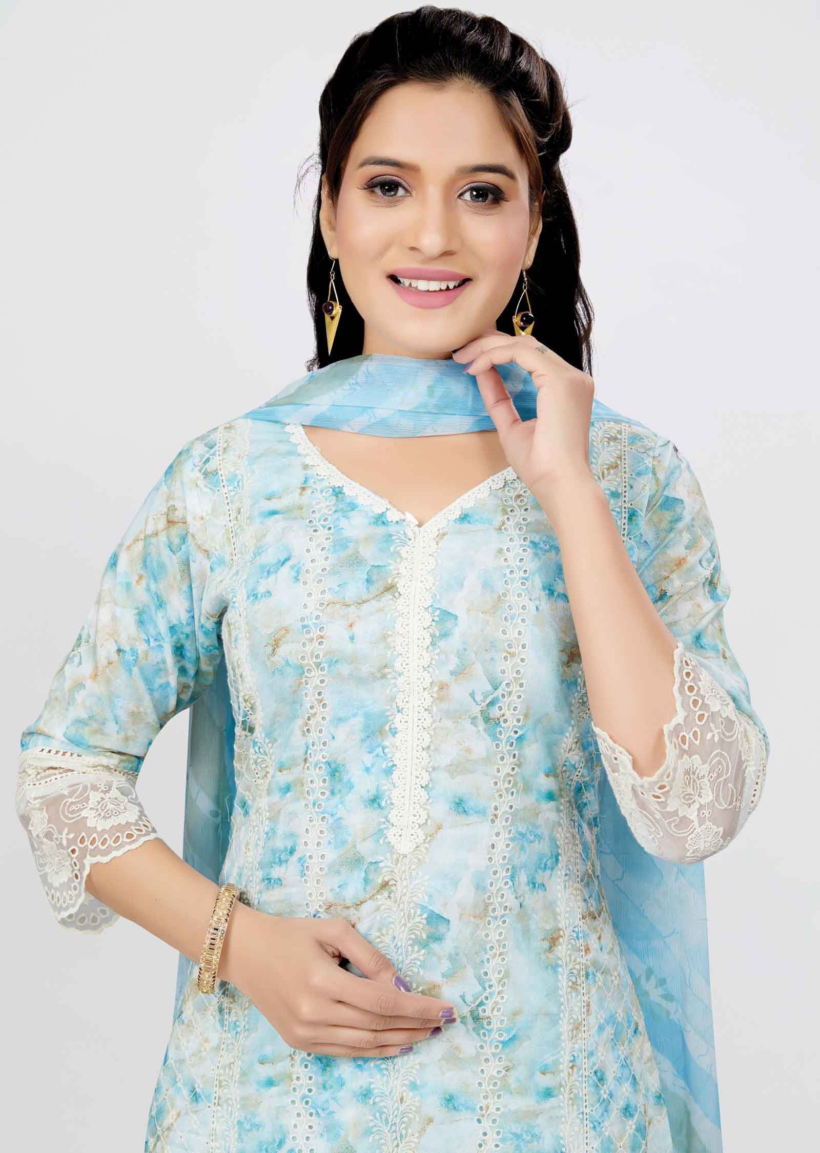 Light Blue schiffli cotton Printed Straight cut suits