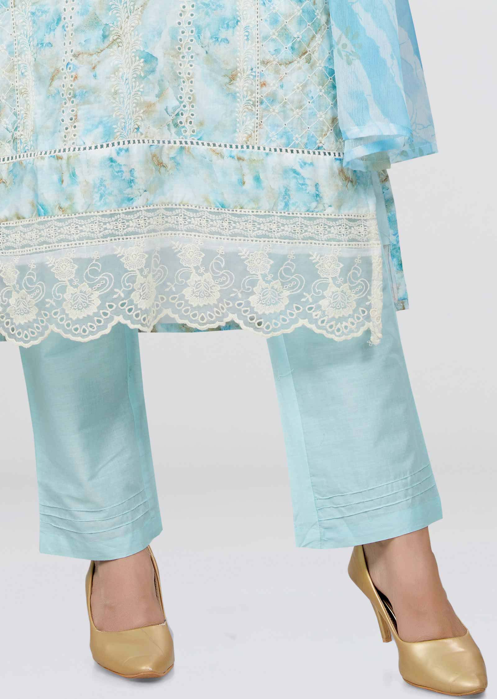 Light Blue schiffli cotton Printed Straight cut suits