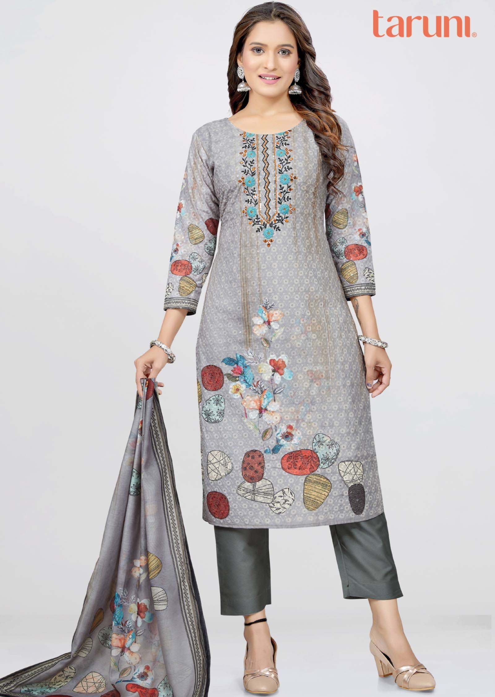 Grey schiffli cotton Printed Straight cut suits