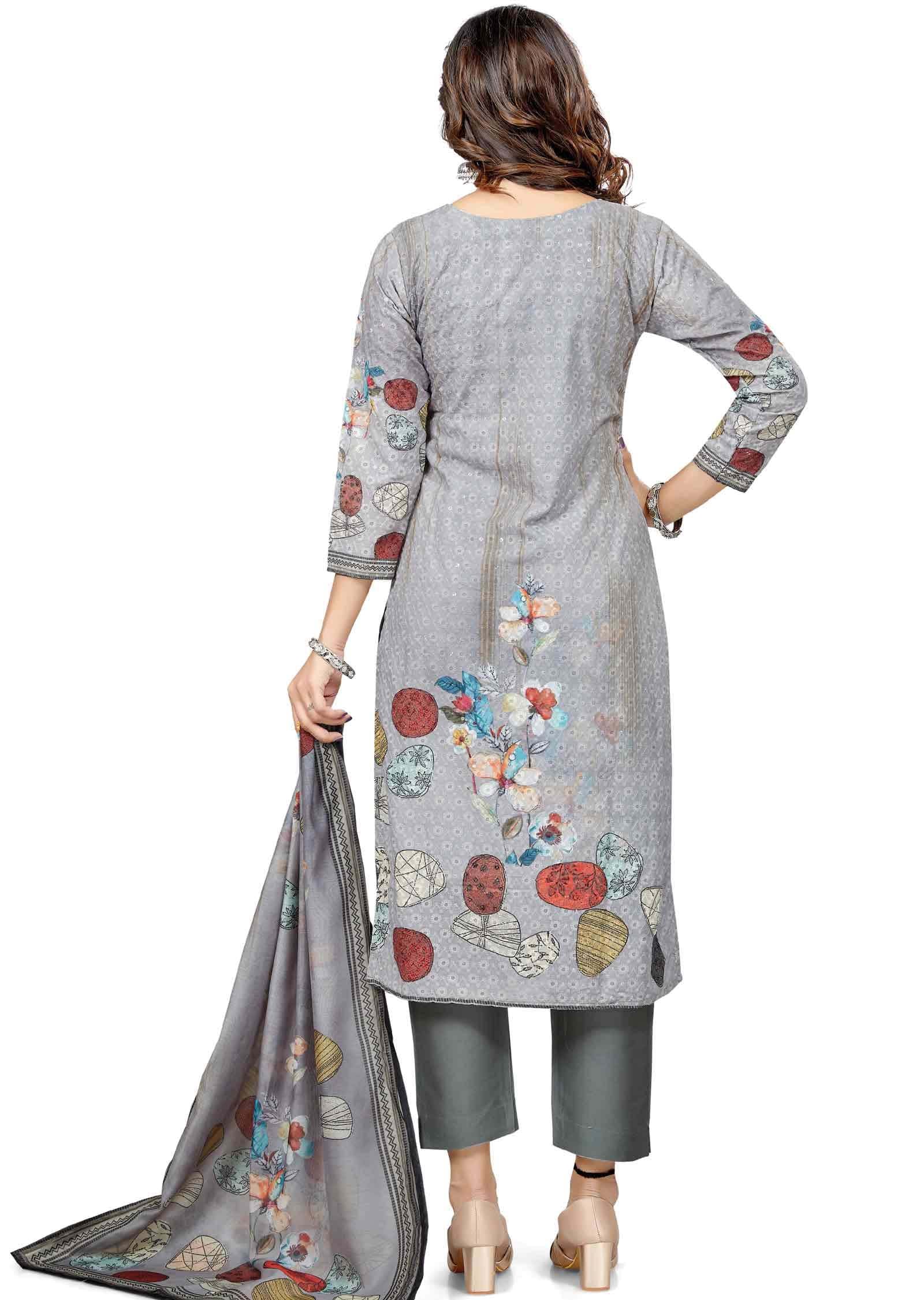 Grey schiffli cotton Printed Straight cut suits