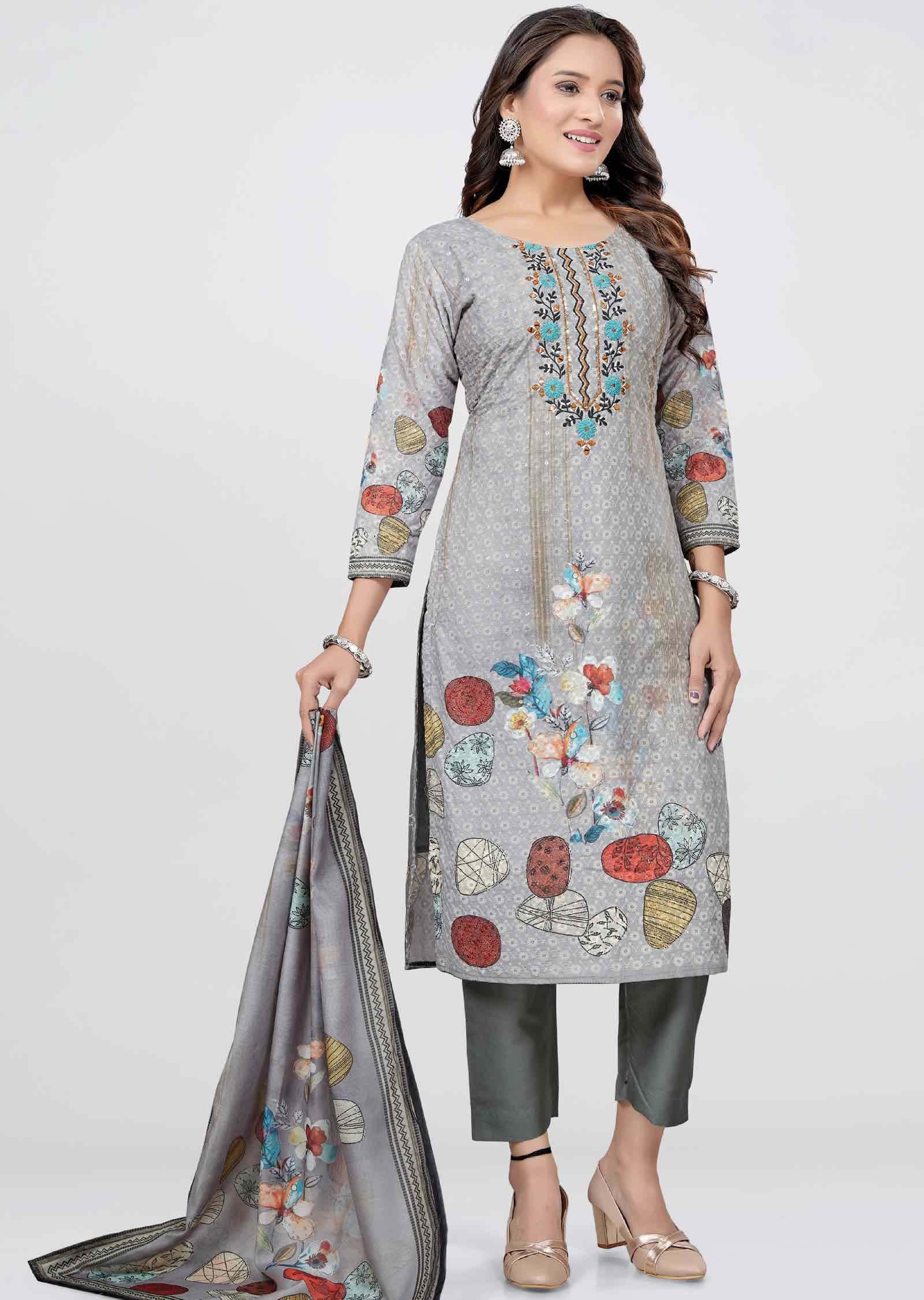 Grey schiffli cotton Printed Straight cut suits