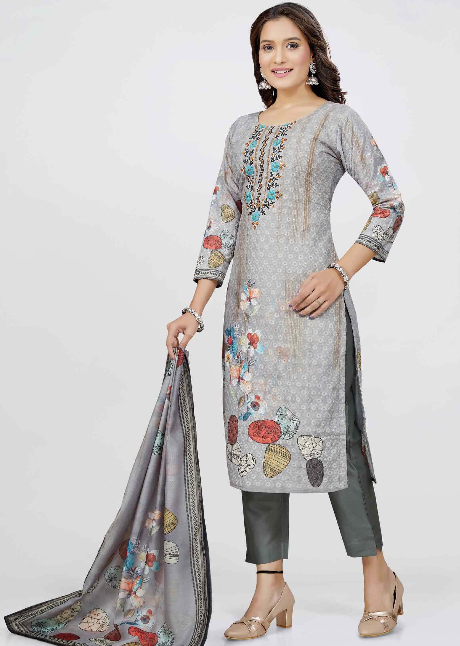 Grey schiffli cotton Printed Straight cut suits