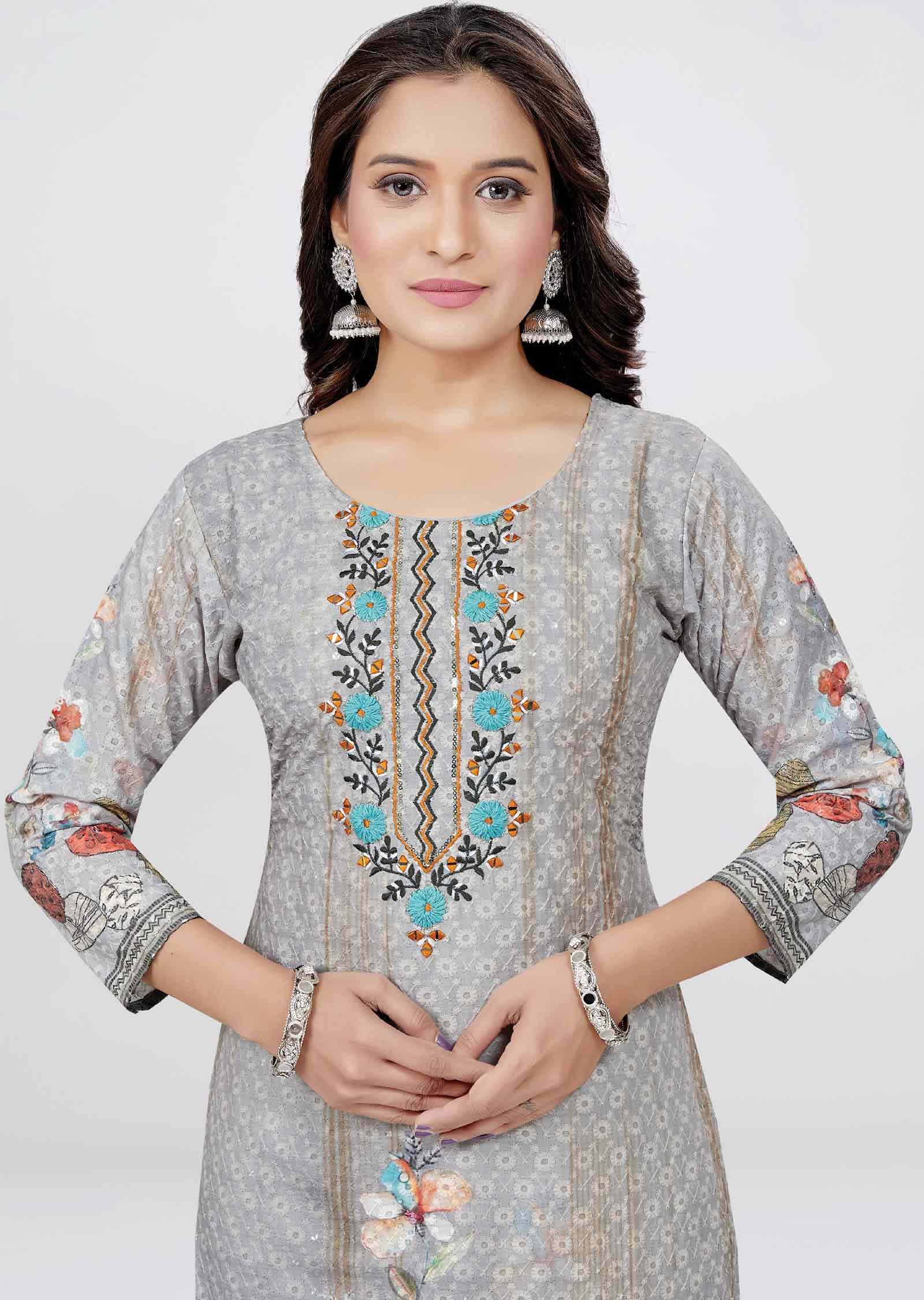 Grey schiffli cotton Printed Straight cut suits