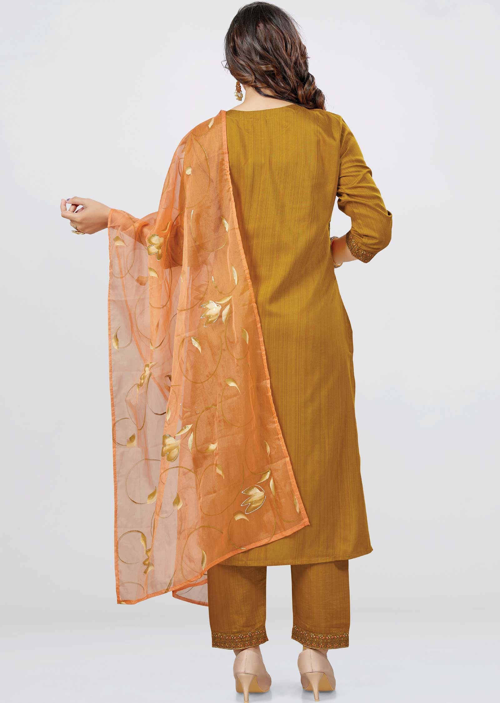 Mustard Silk Sequins Straight cut suits