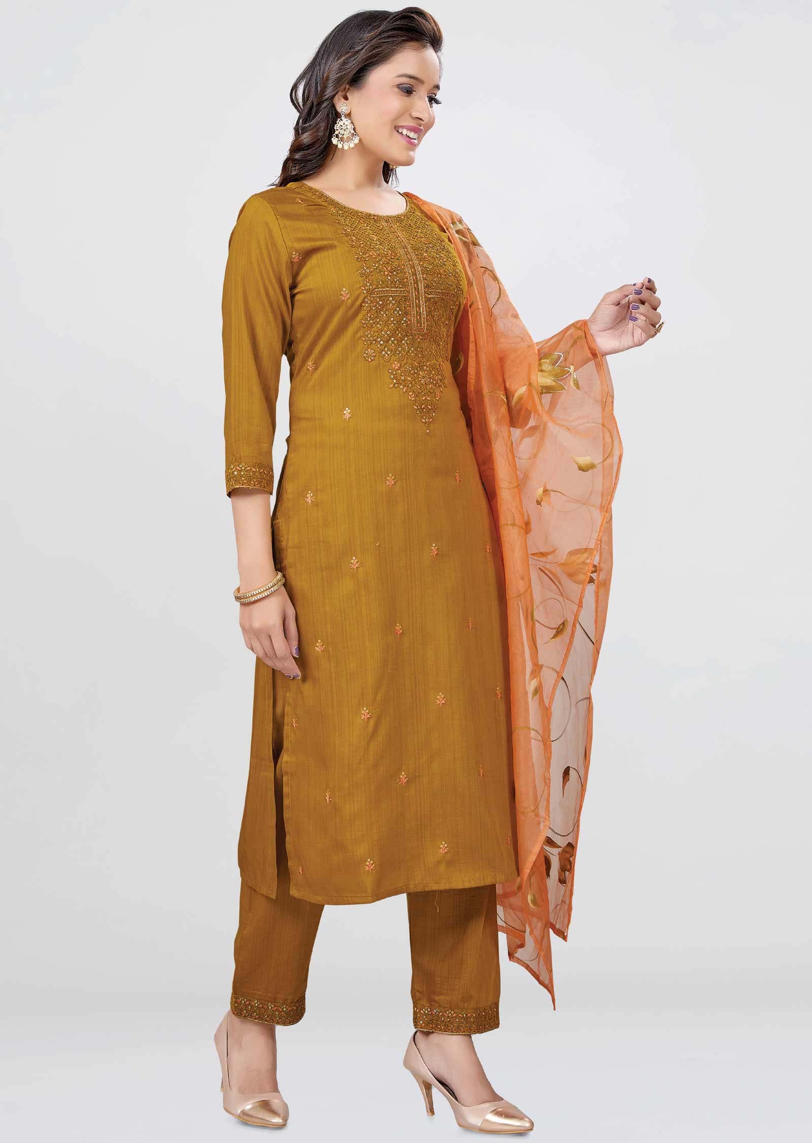 Mustard Silk Sequins Straight cut suits