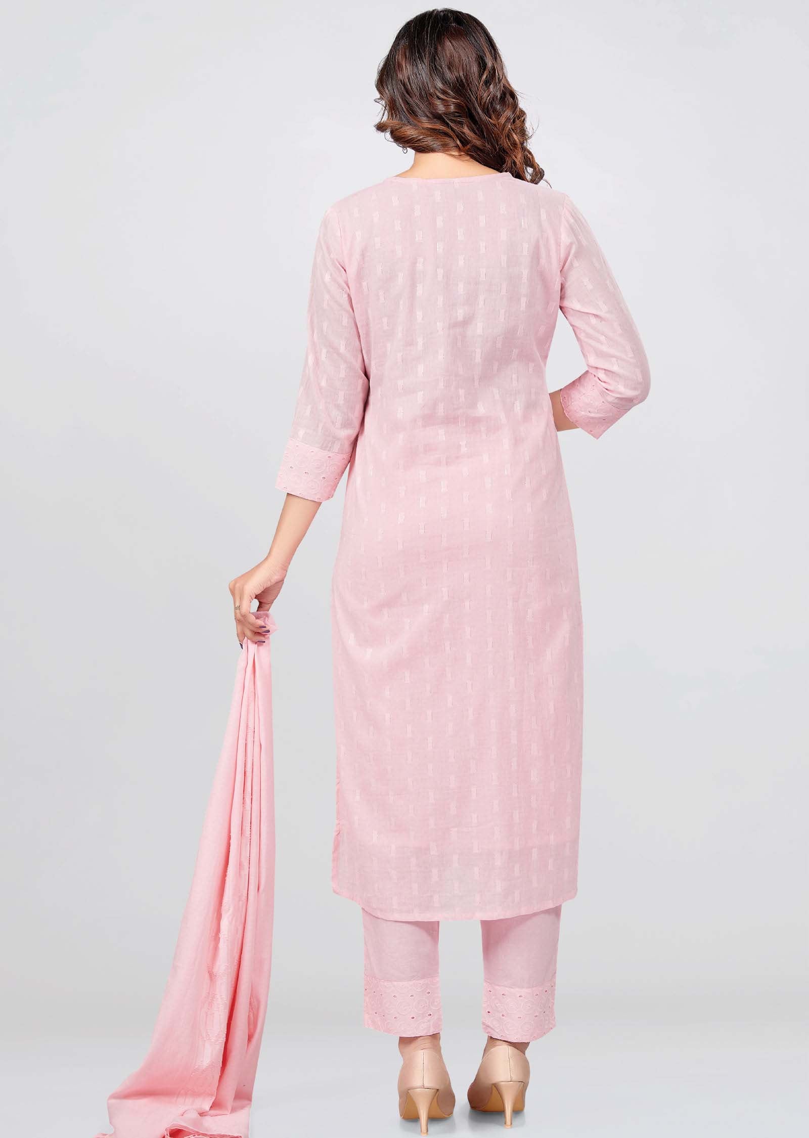 Light Pink Cotton Printed Straight cut suits