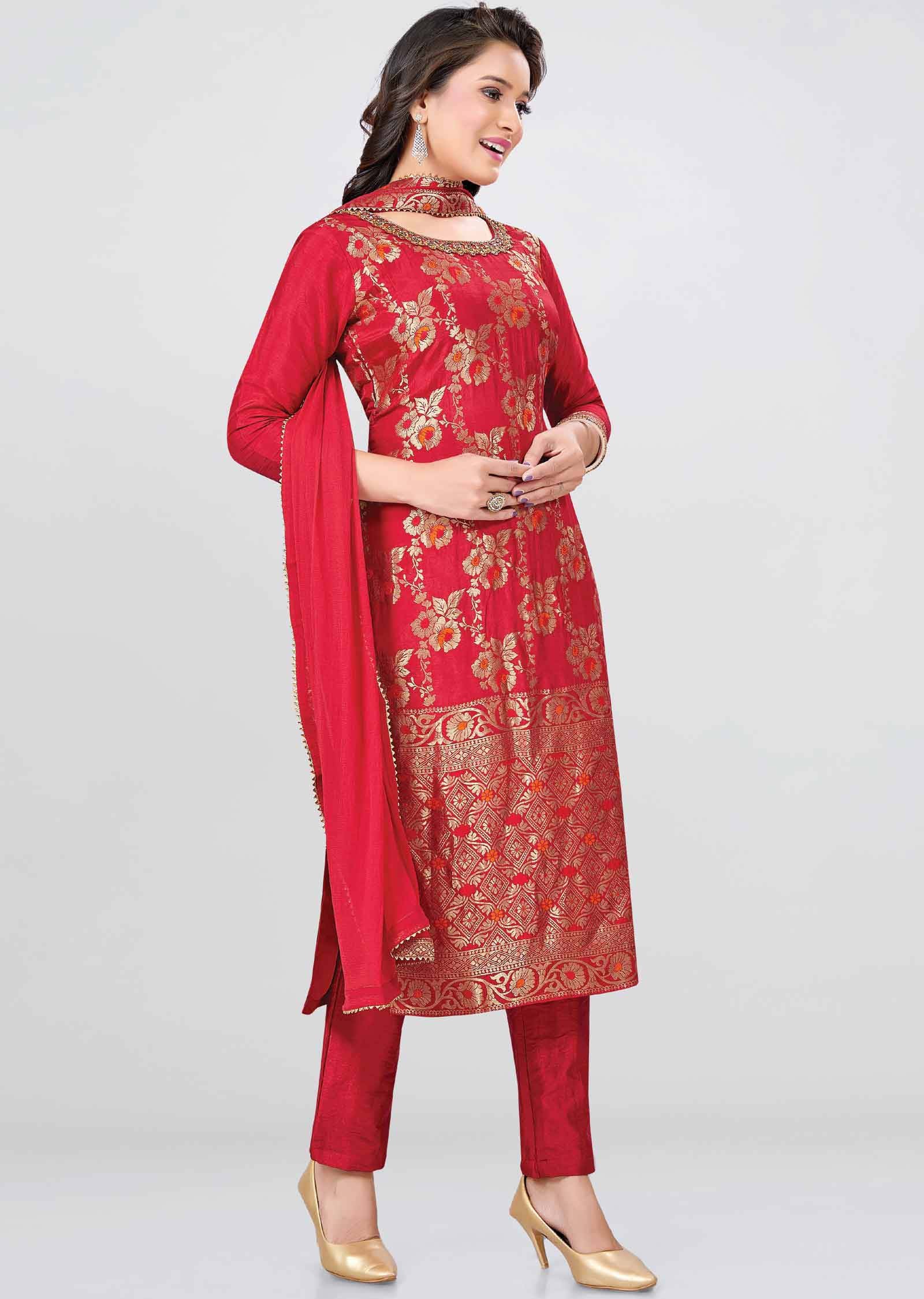 Maroon Banaras Straight cut suits