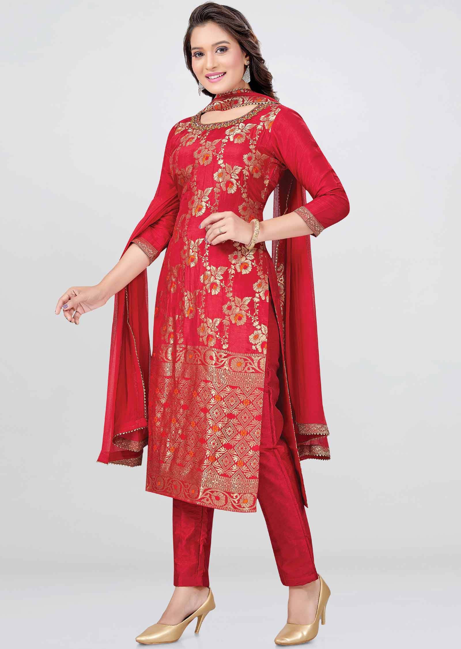 Maroon Banaras Straight cut suits