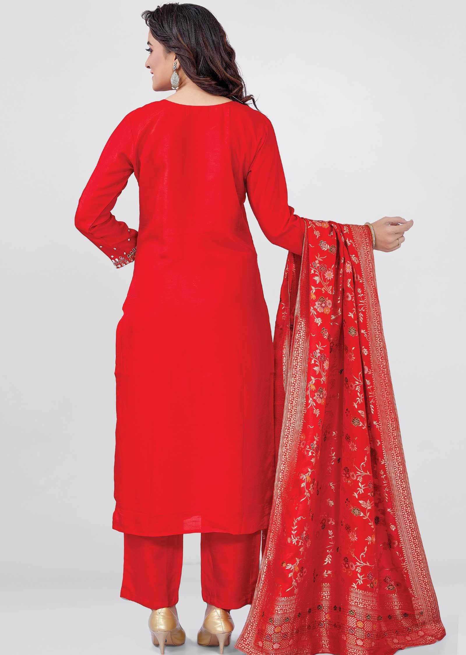Red Raw Silk Embroidered Straight cut suits