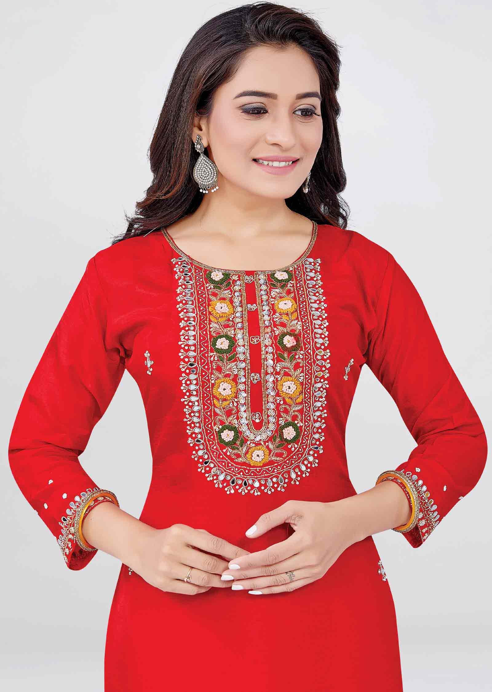 Red Raw Silk Embroidered Straight cut suits