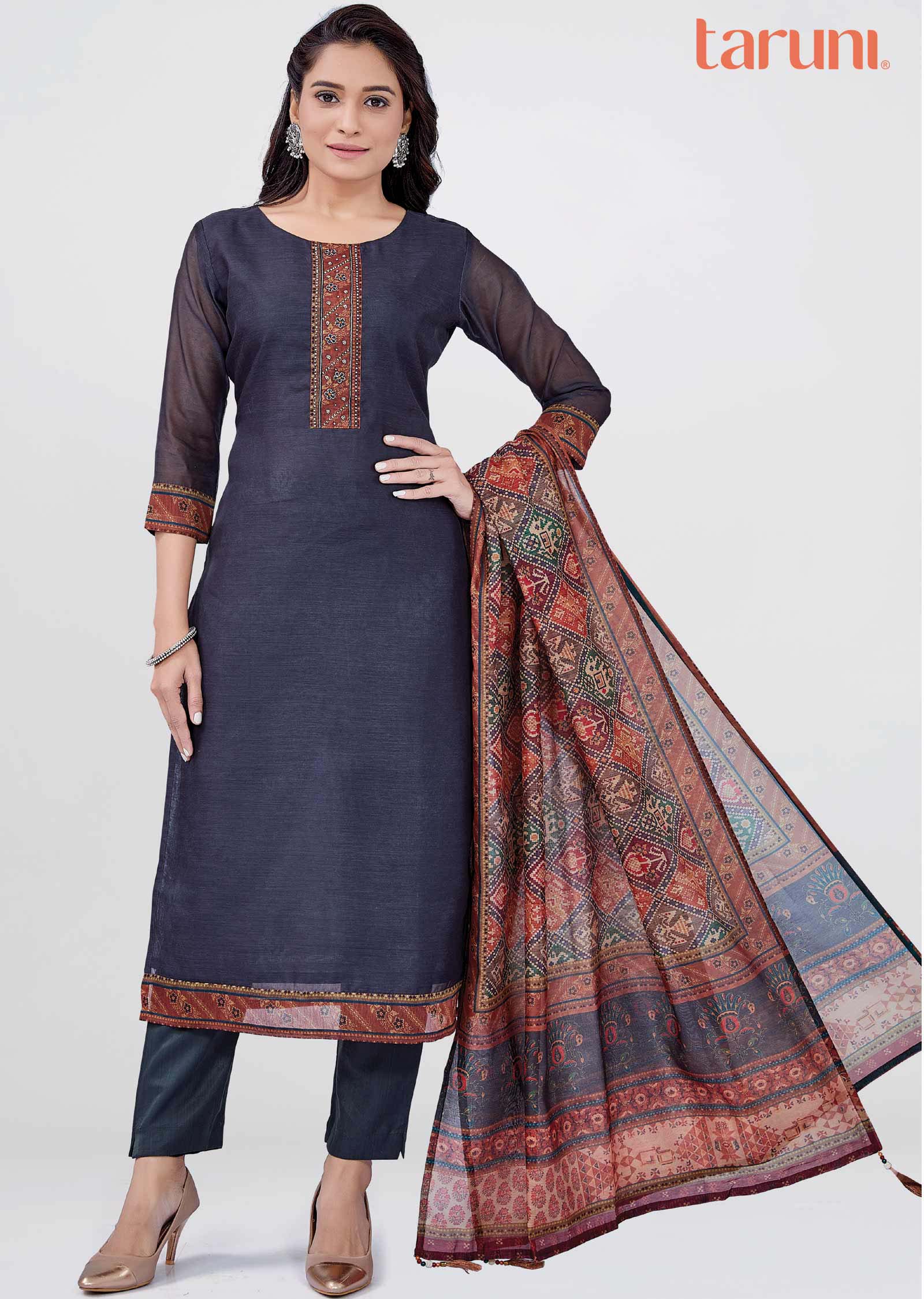 Dark Grey Chanderi Zardosi & Embroidered Straight cut suits