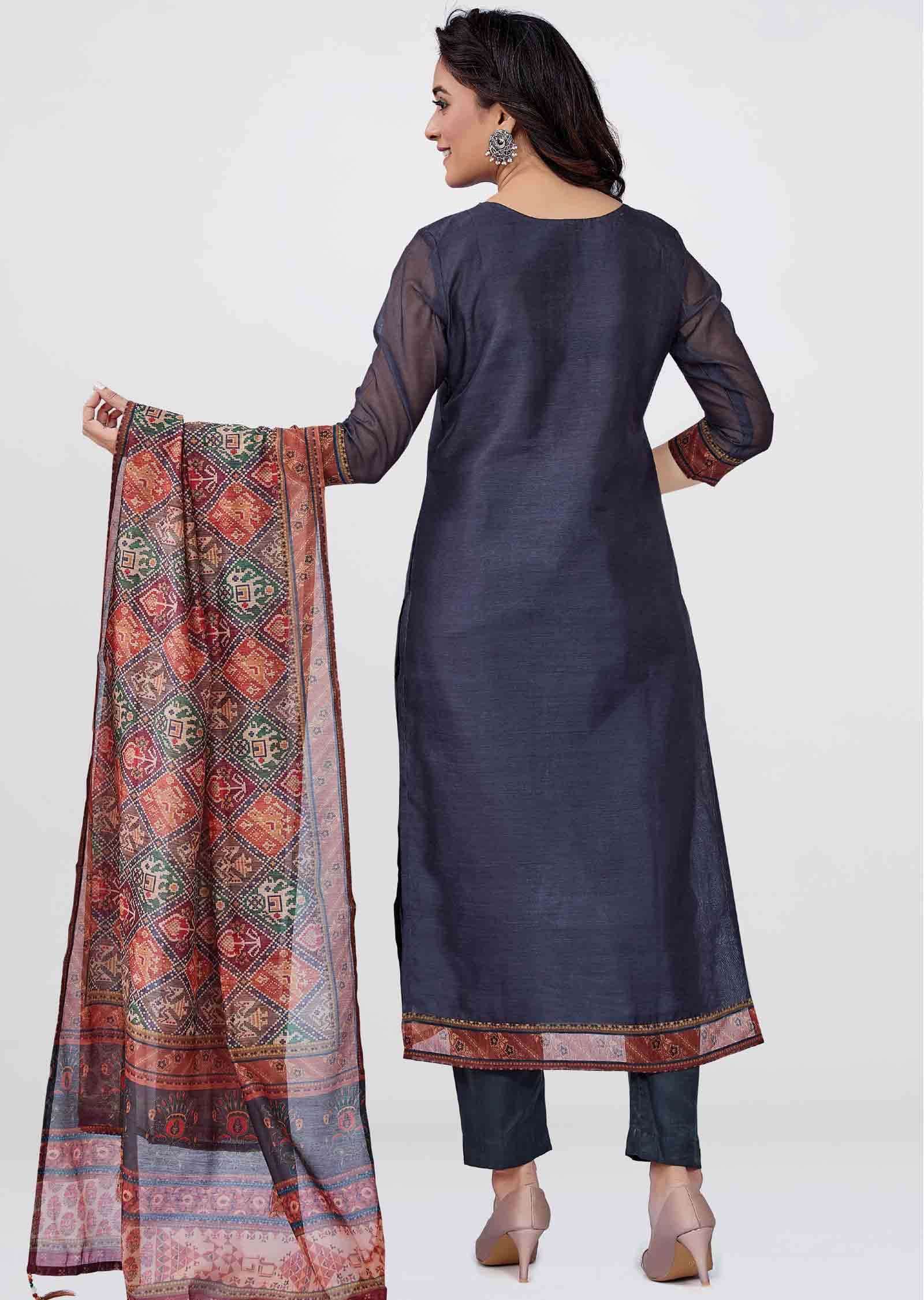 Dark Grey Chanderi Zardosi & Embroidered Straight cut suits