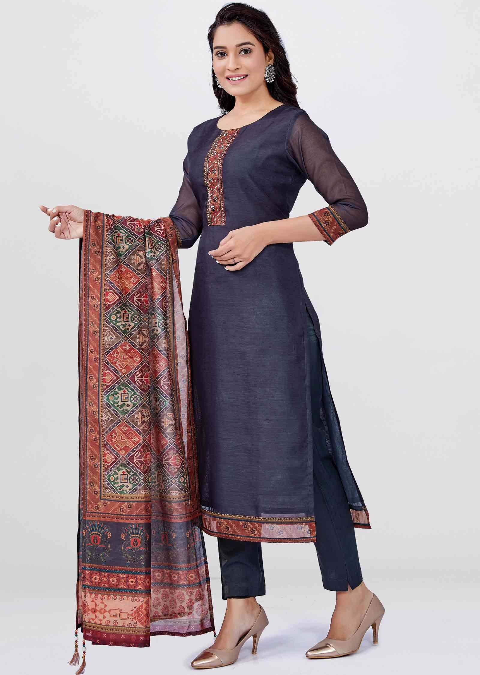 Dark Grey Chanderi Zardosi & Embroidered Straight cut suits