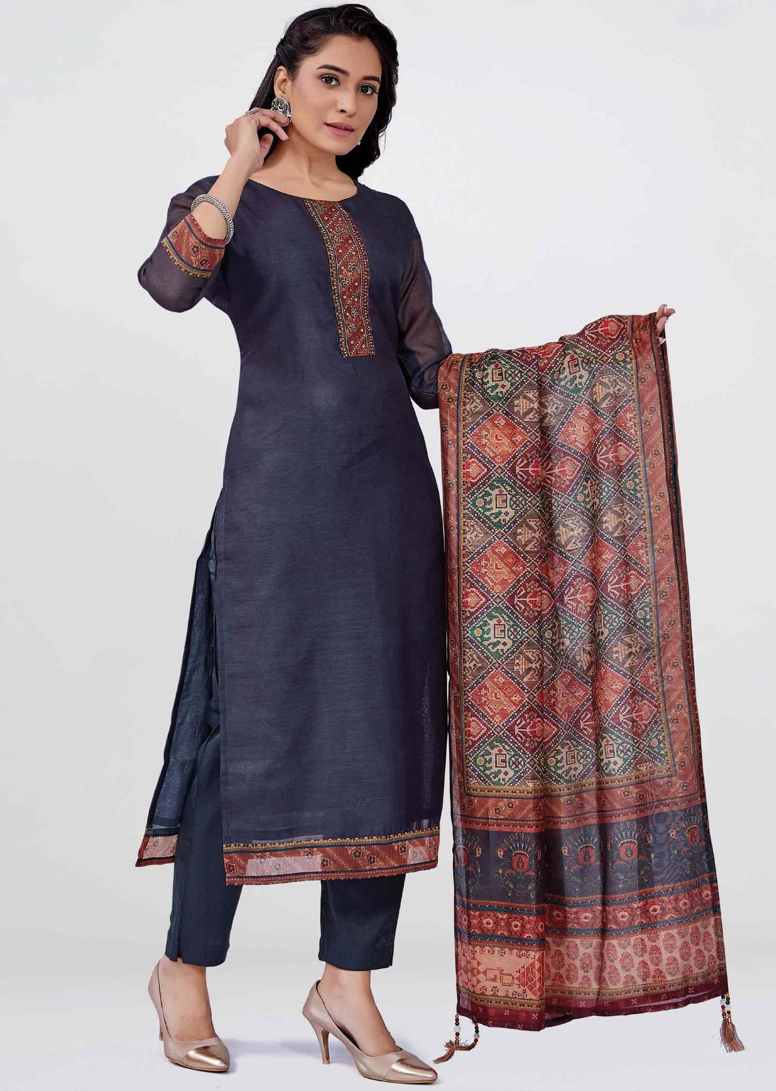 Dark Grey Chanderi Zardosi & Embroidered Straight cut suits