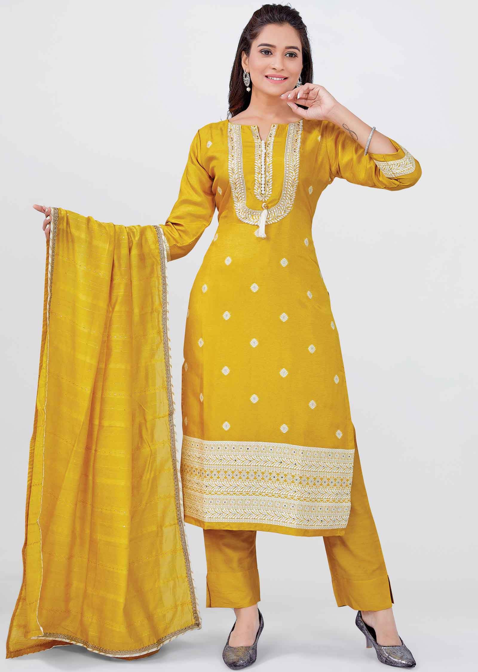 Yellow Silk Straight cut suits