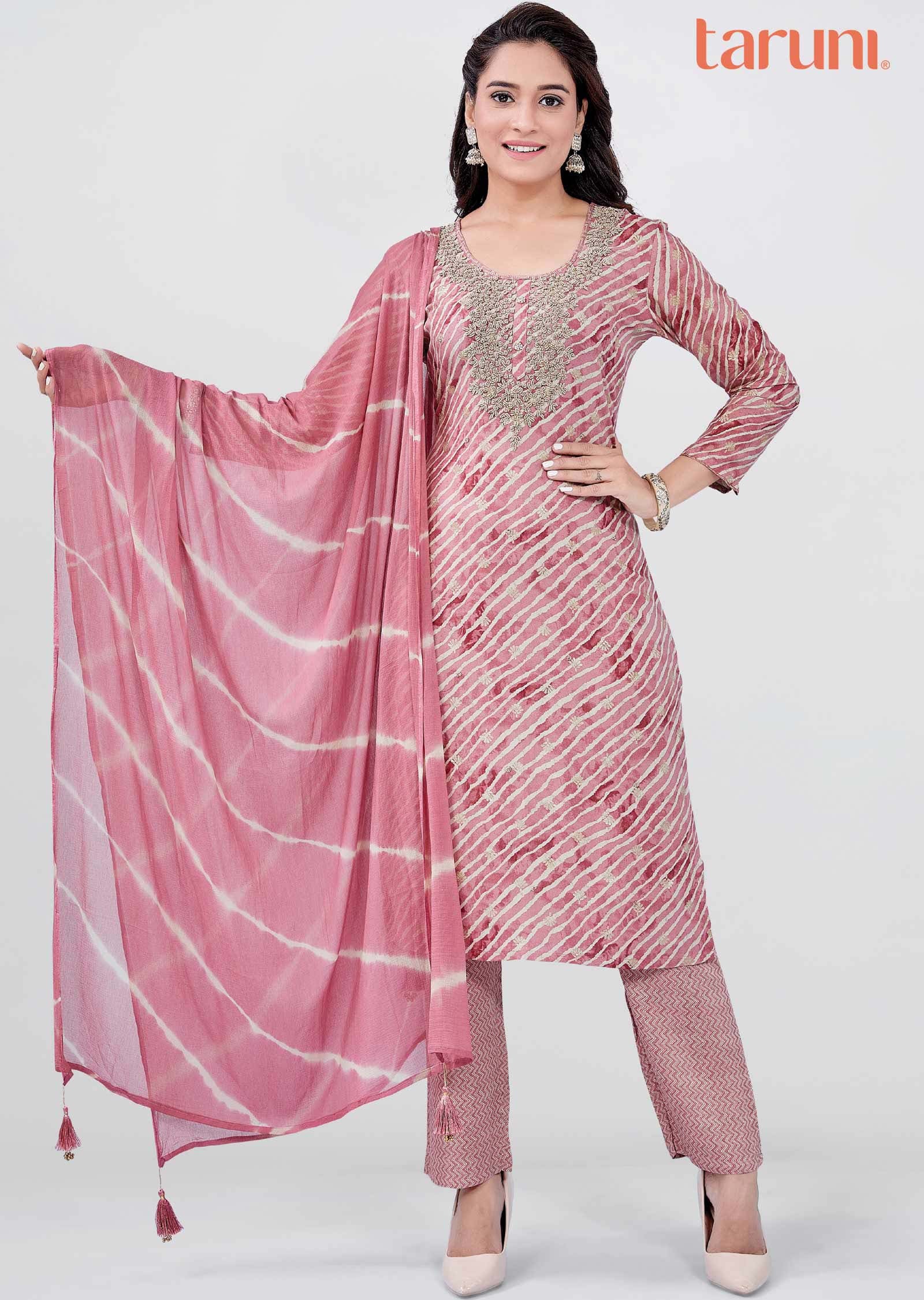 Onion Pink Reyon Embroidered Straight cut suits