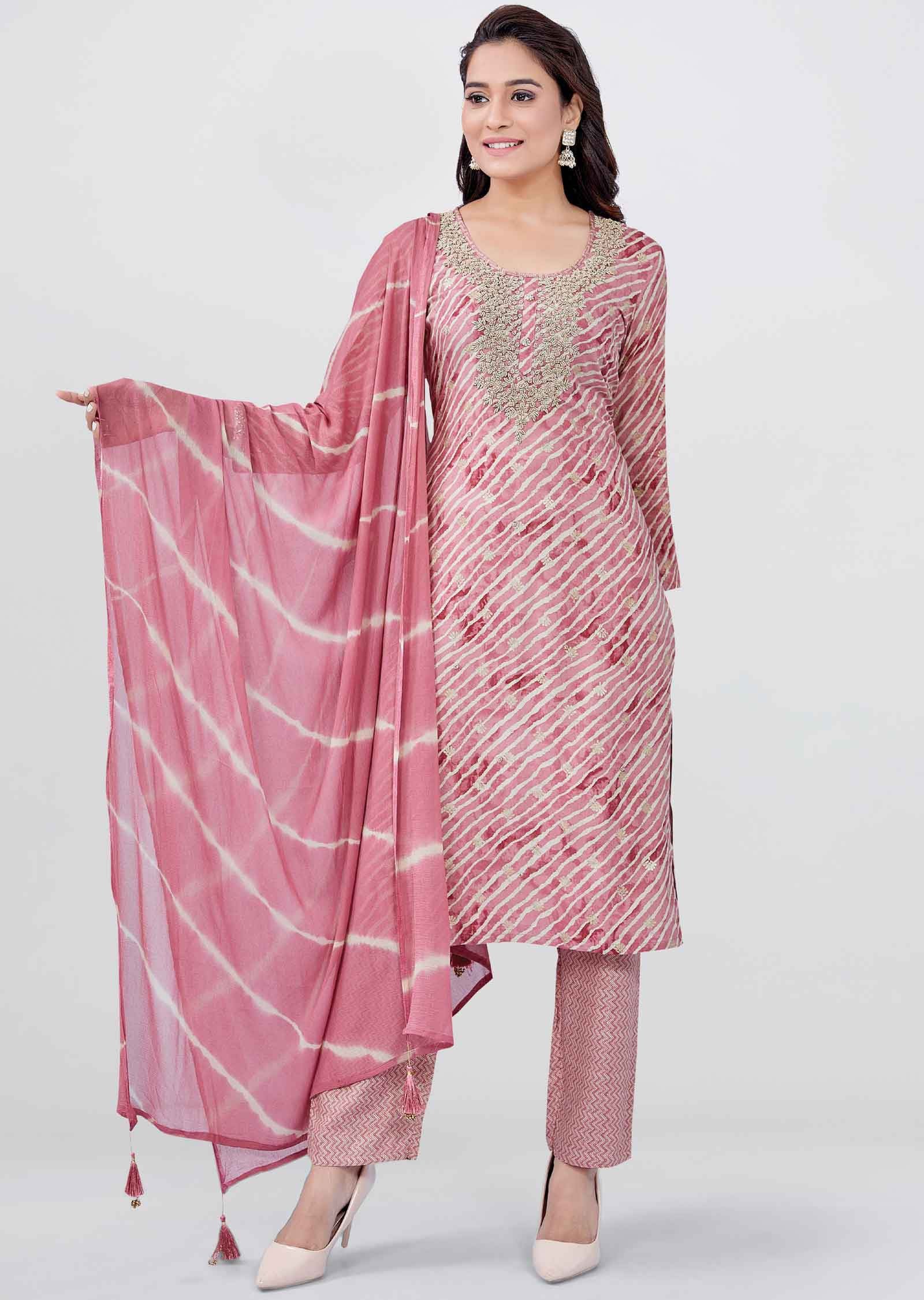 Onion Pink Reyon Embroidered Straight cut suits