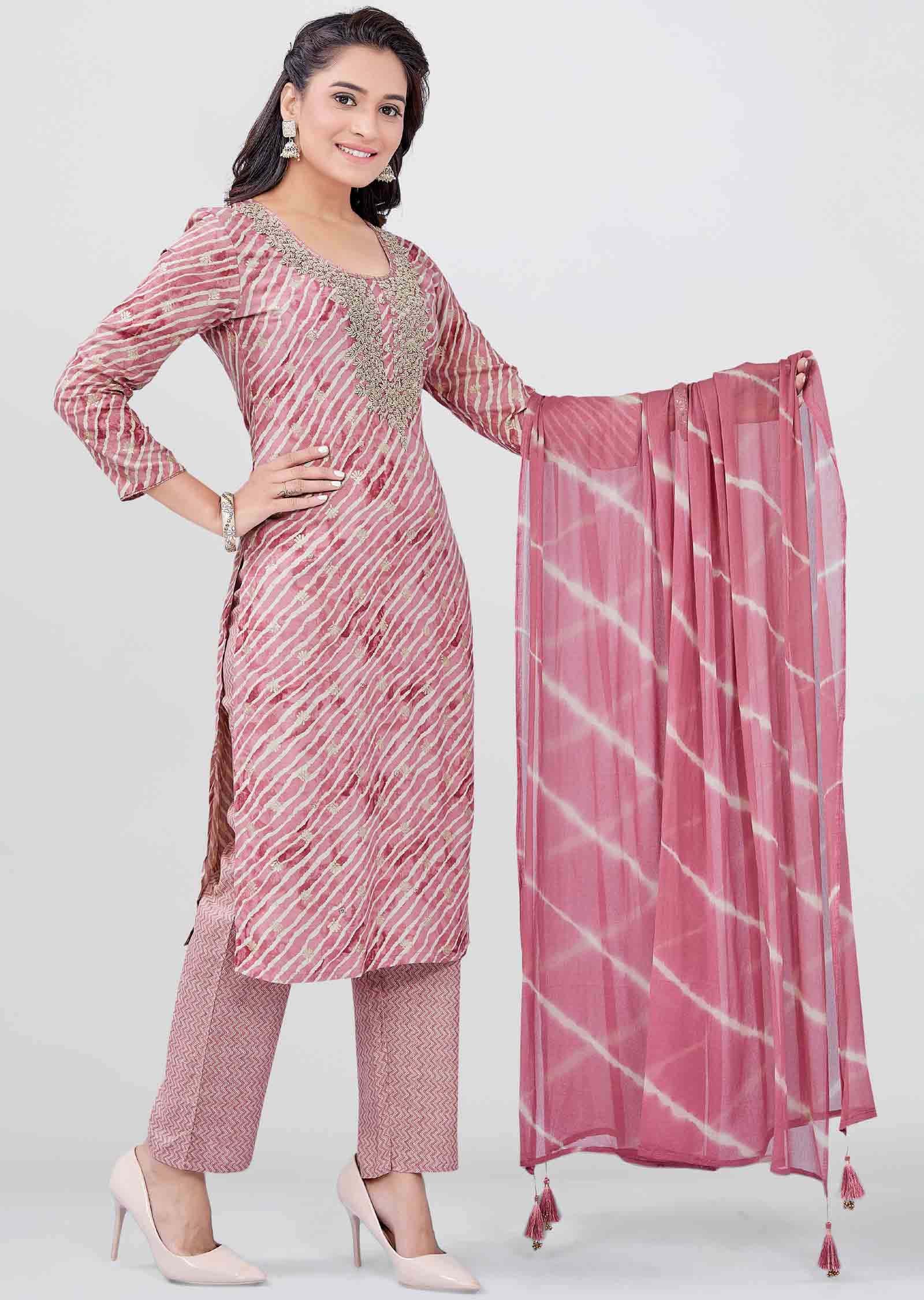 Onion Pink Reyon Embroidered Straight cut suits