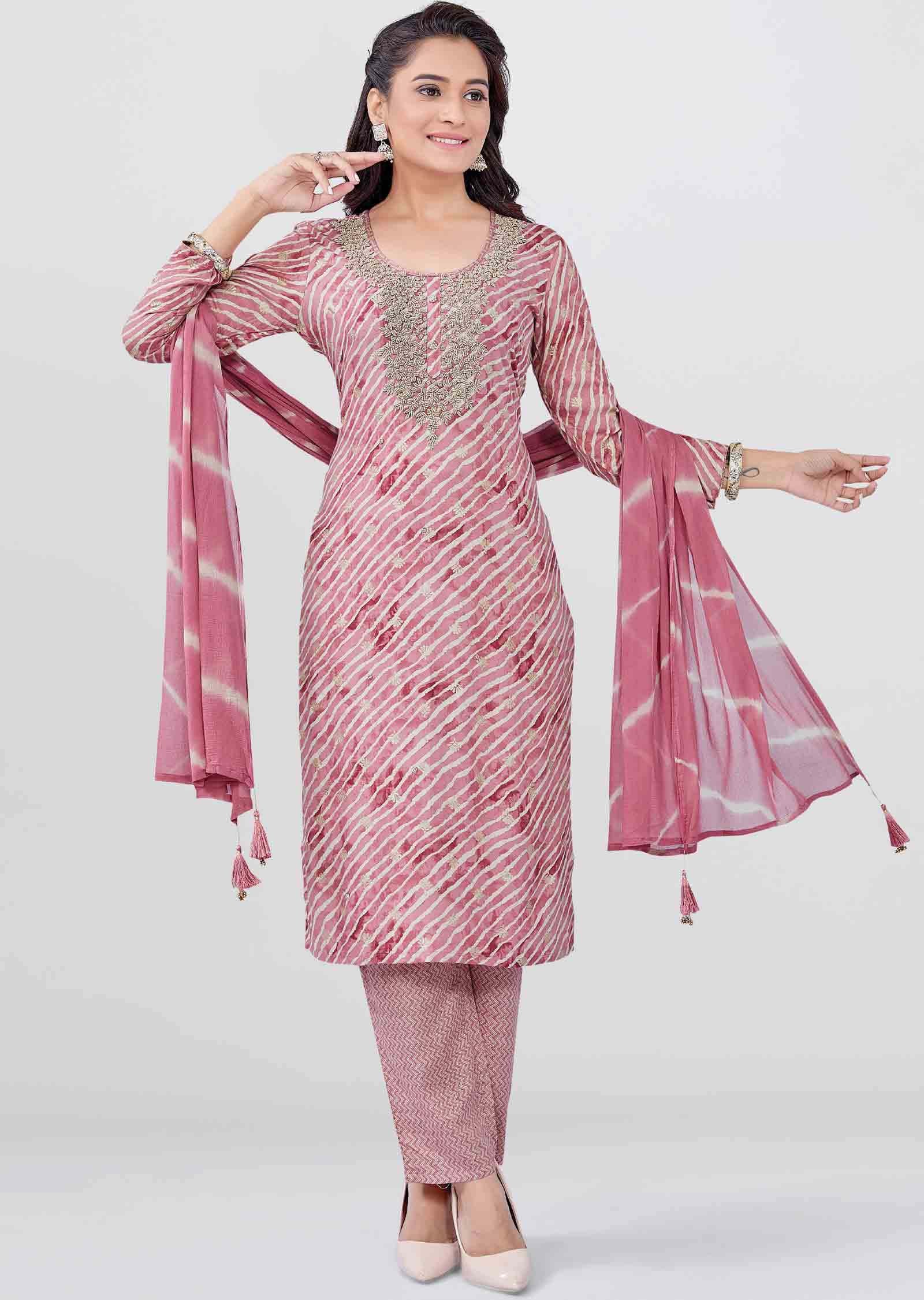 Onion Pink Reyon Embroidered Straight cut suits