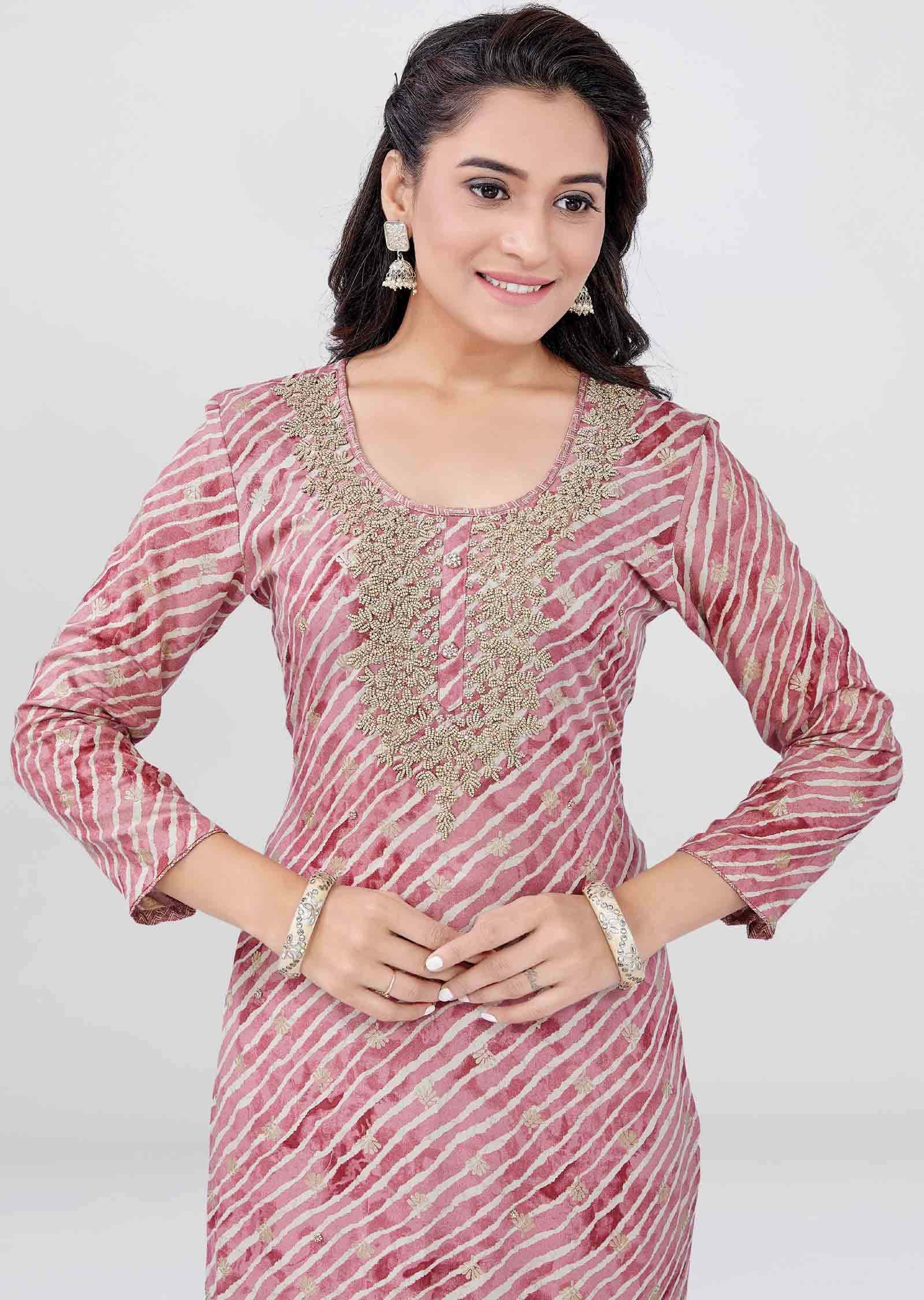 Onion Pink Reyon Embroidered Straight cut suits