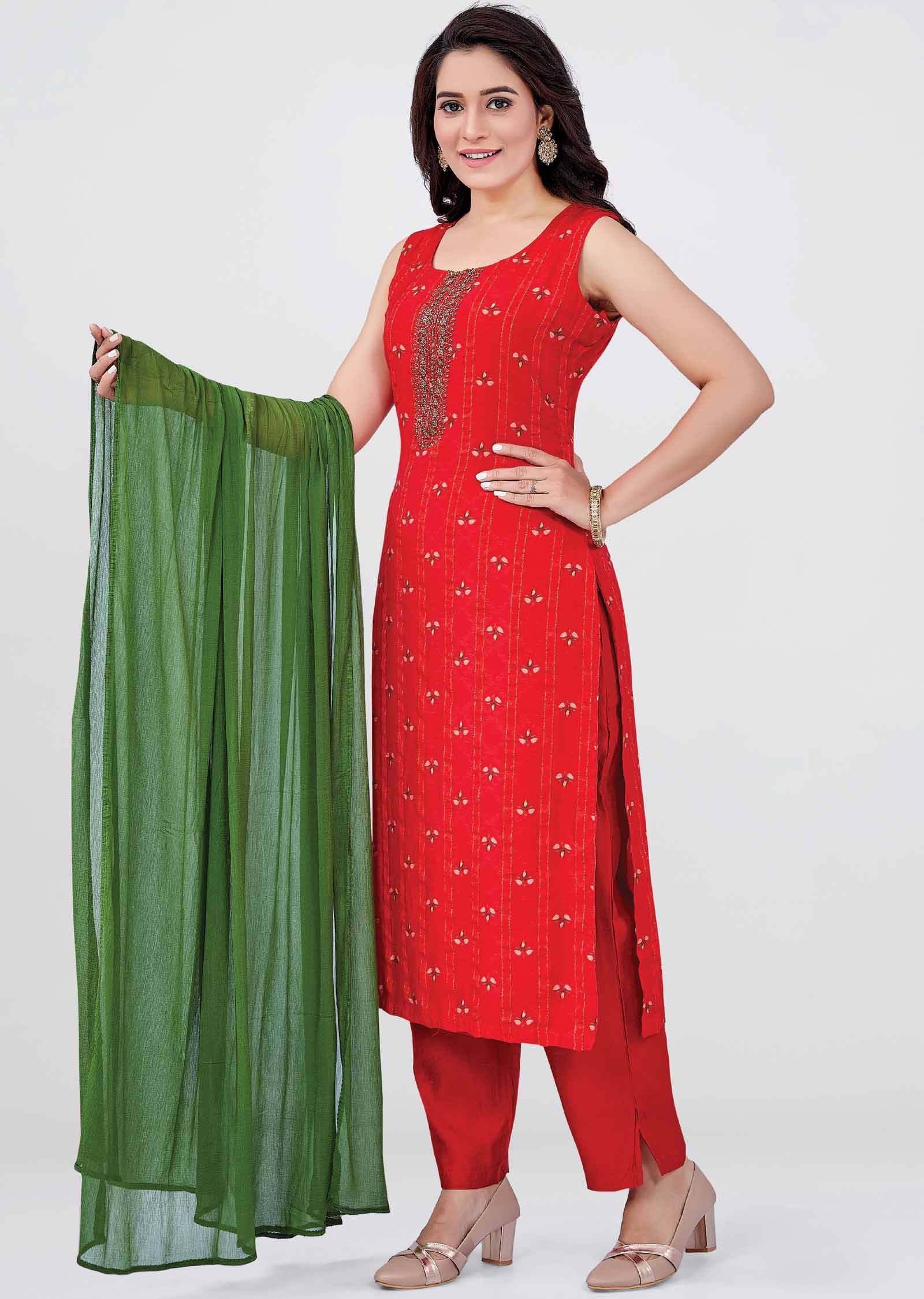 Red Silk Zardosi & Embroidered Straight cut suits