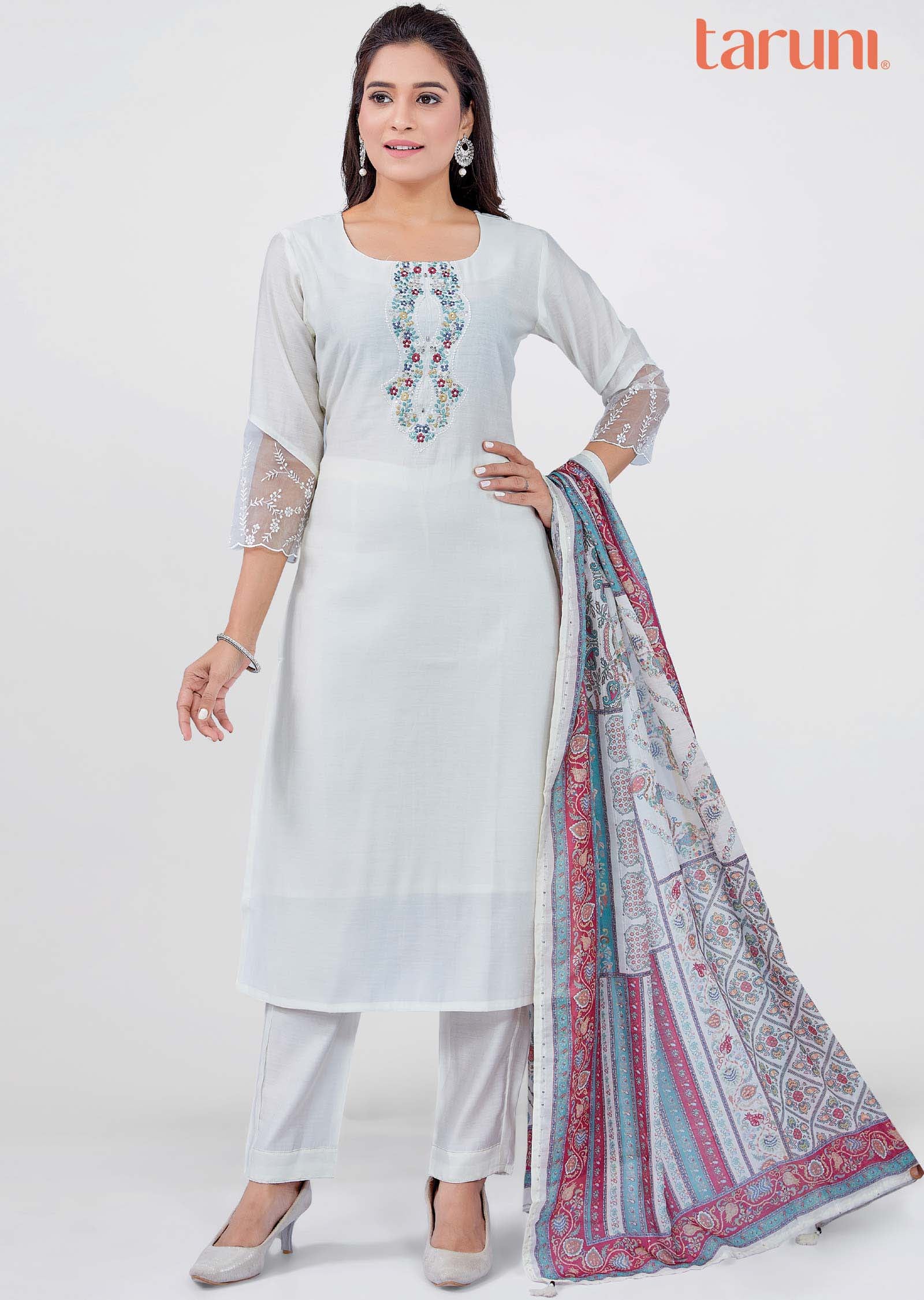 Cream Chanderi Straight cut suit