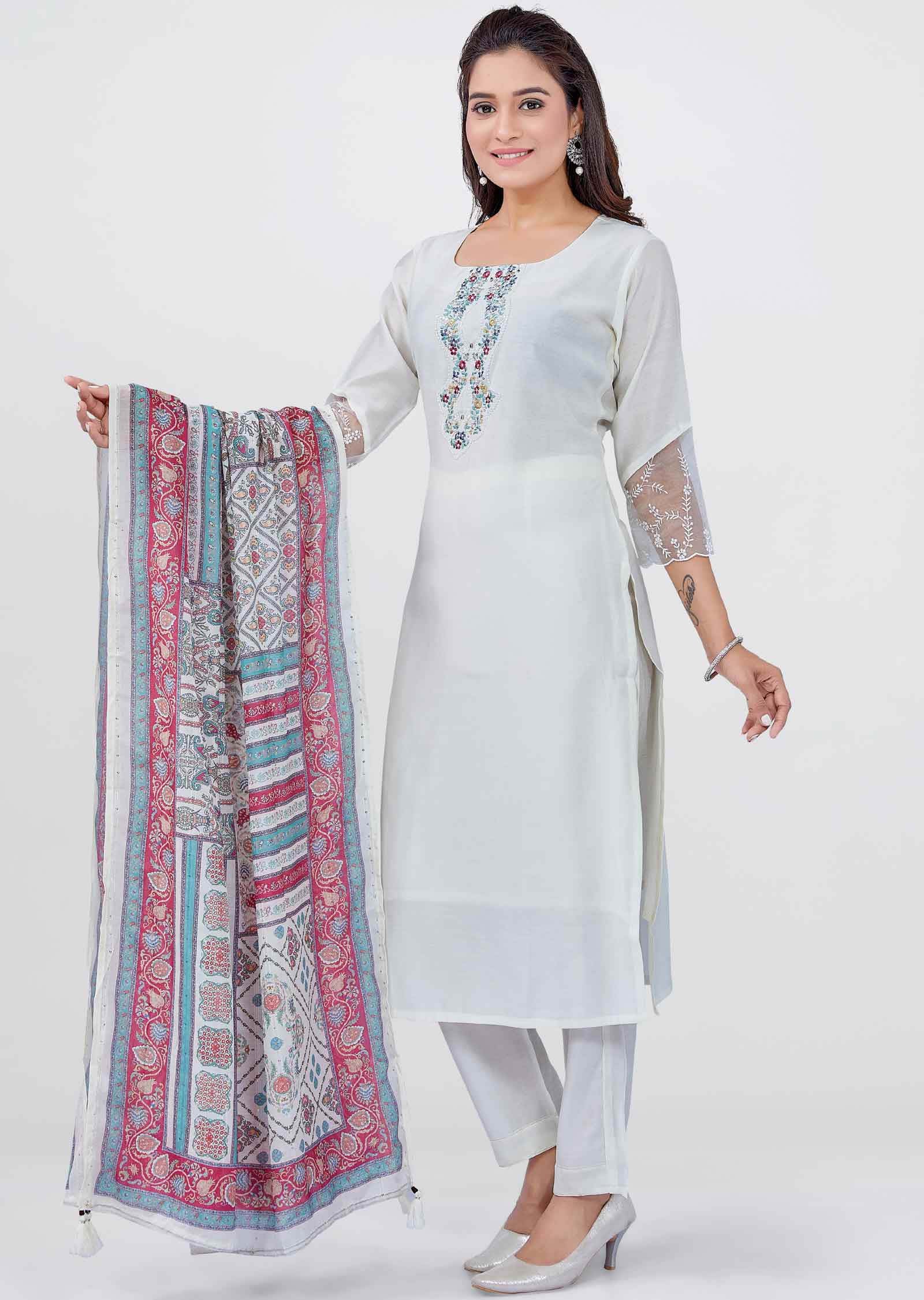 Cream Chanderi Straight cut suit