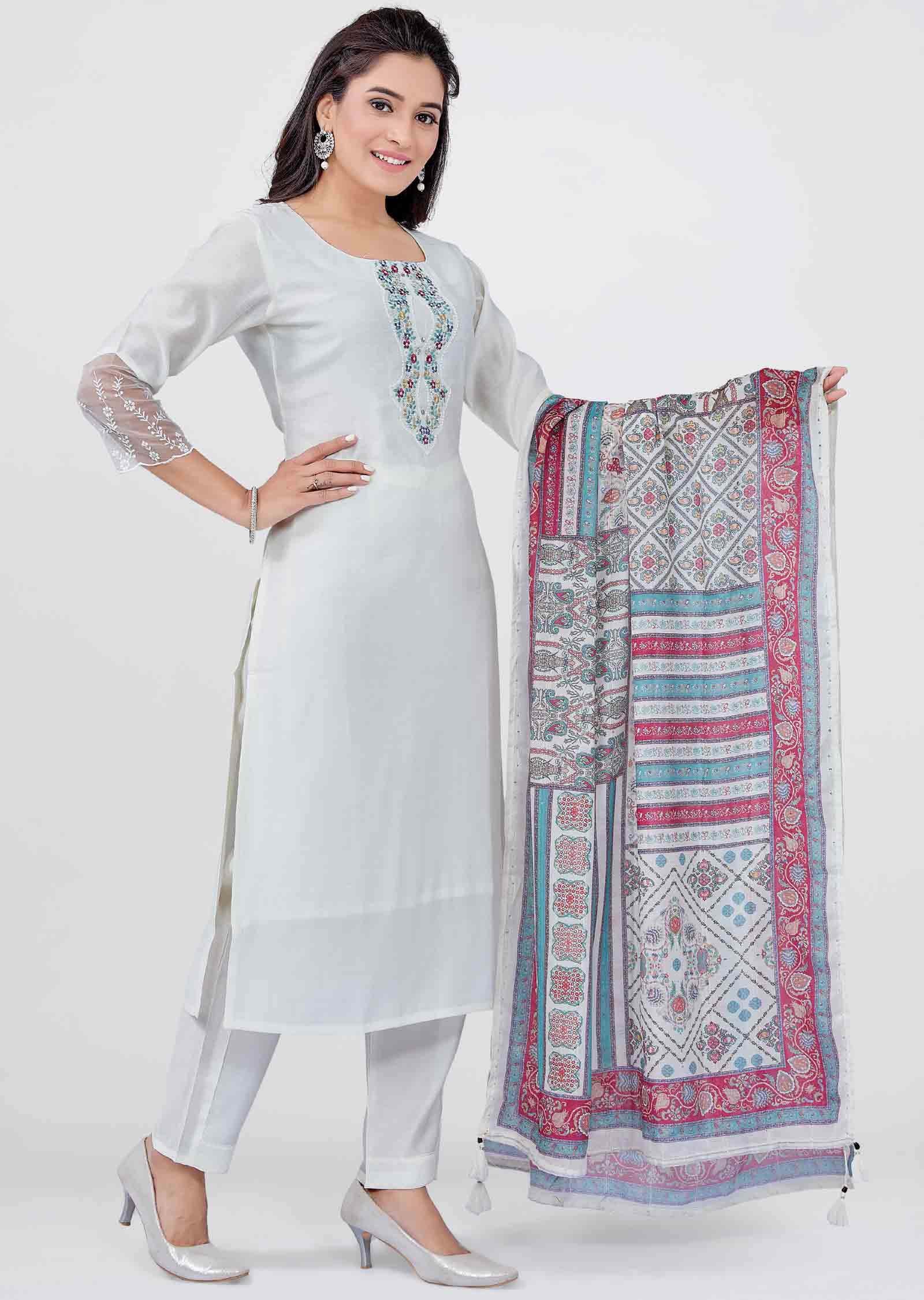 Cream Chanderi Straight cut suit