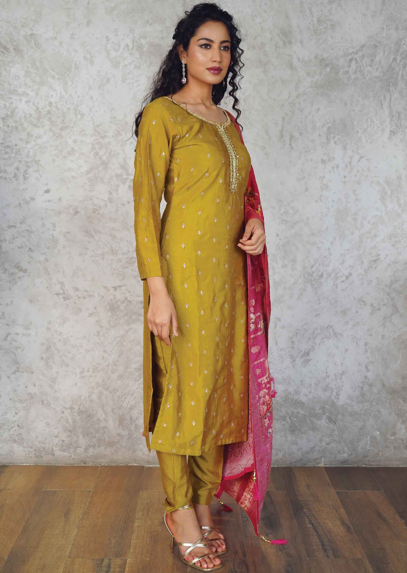 Mustard Silk Sequins Straight cut suits