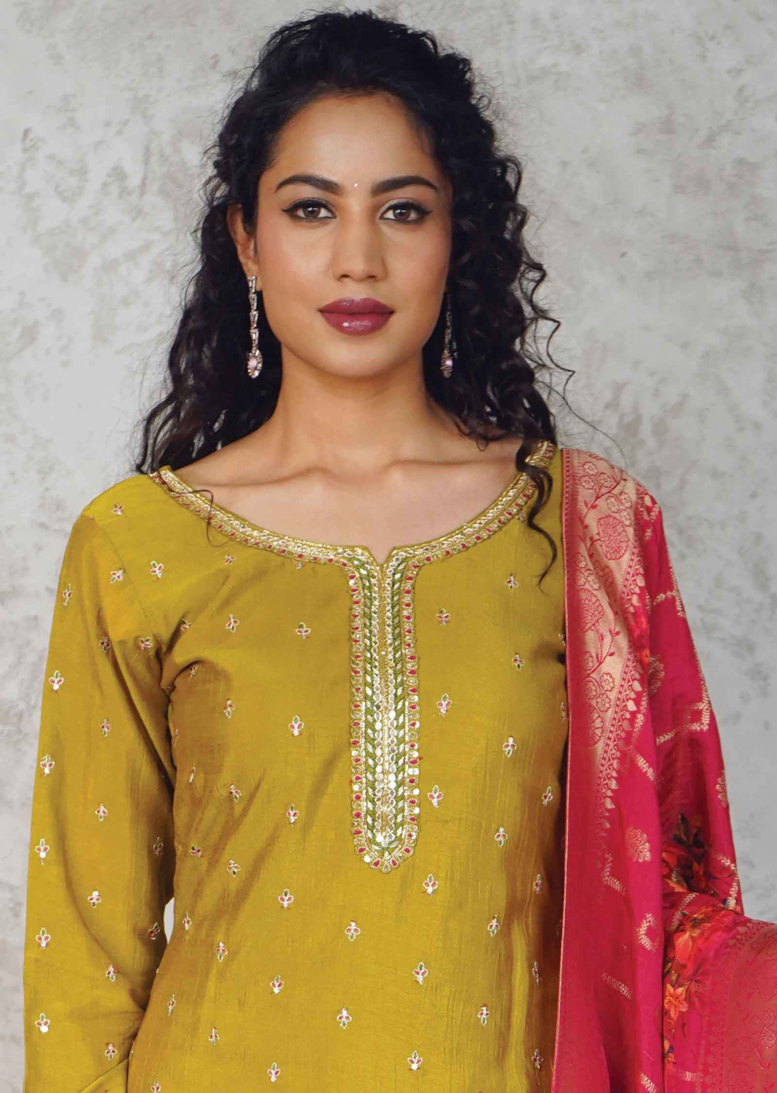 Mustard Silk Sequins Straight cut suits