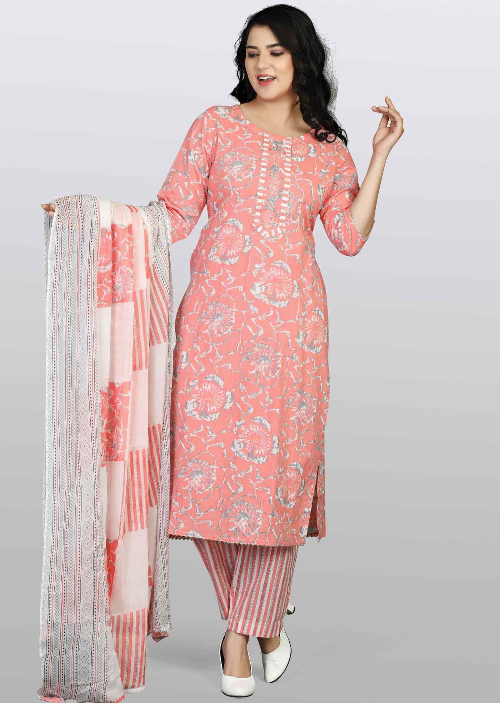 Pink Cotton Straight cut suit