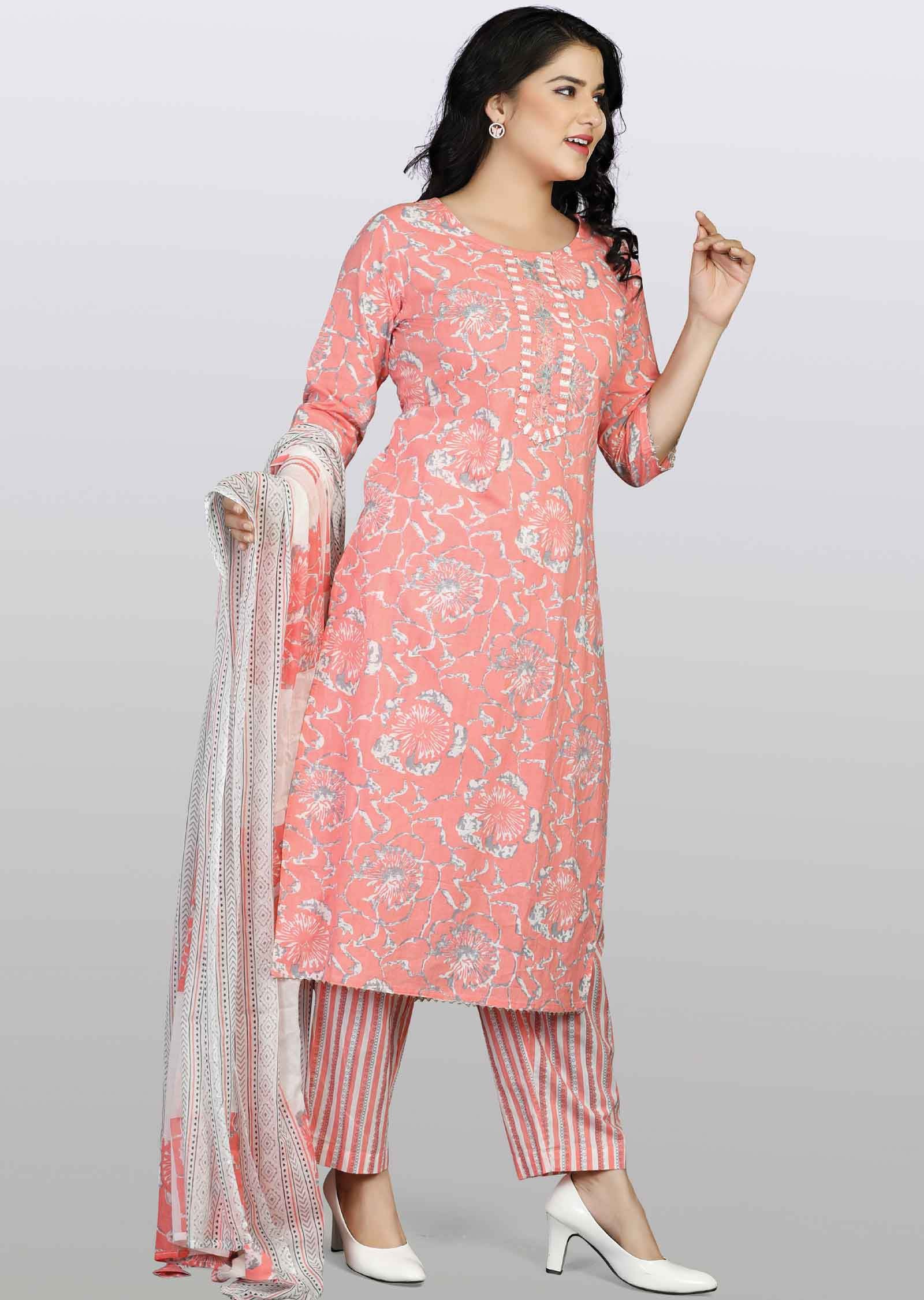 Pink Cotton Printed Straight cut suits