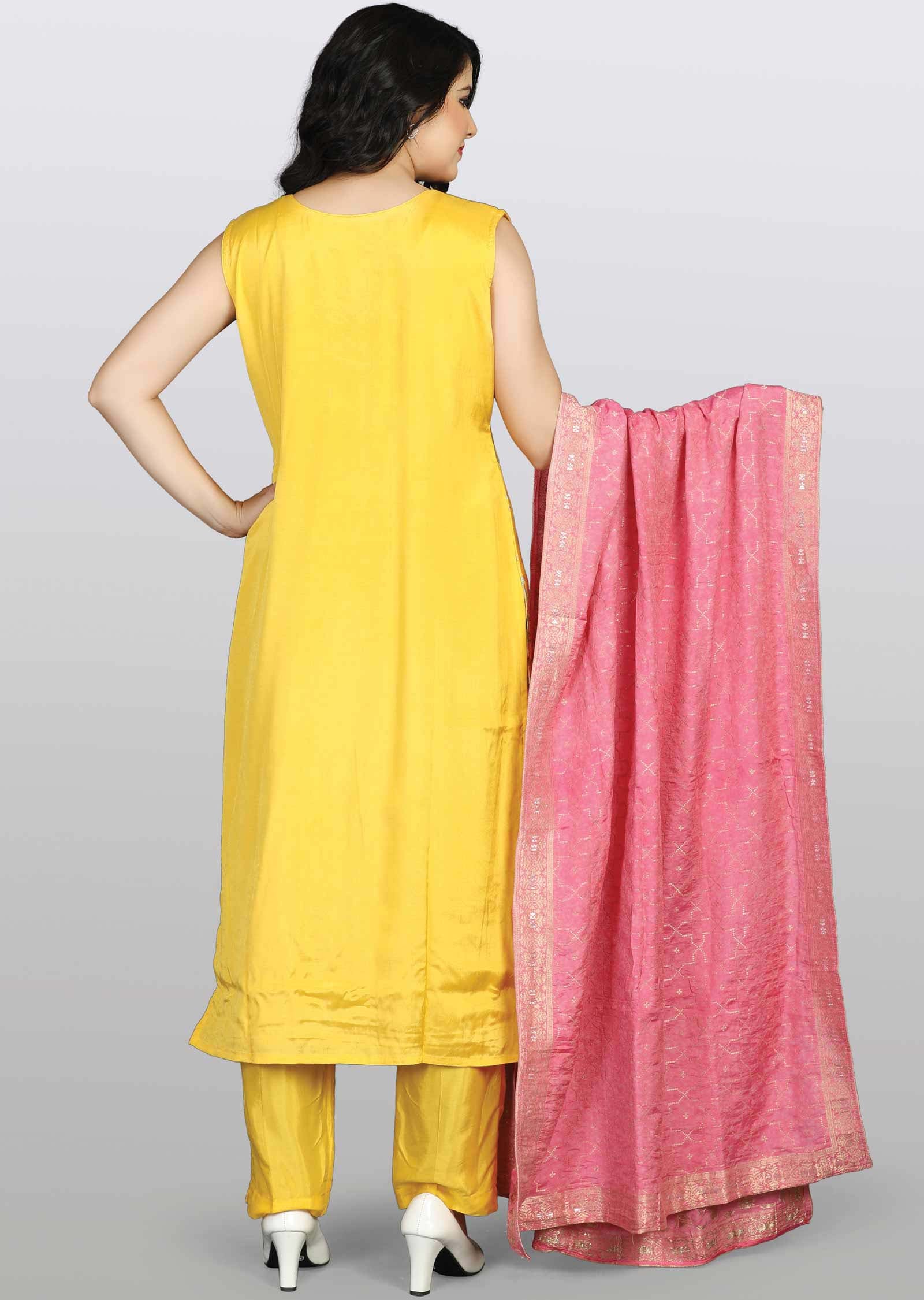 Yellow Banaras Straight cut suit