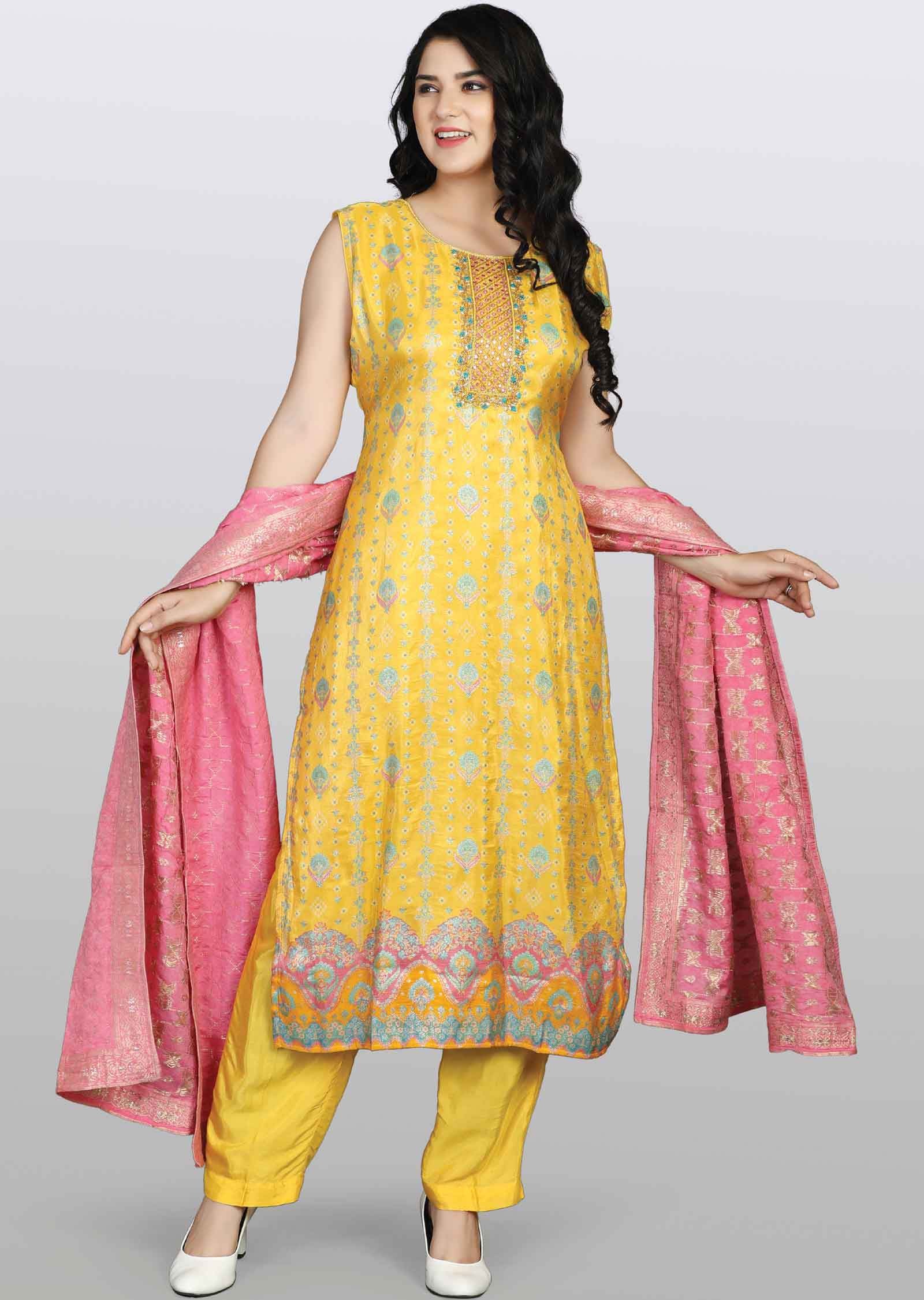 Yellow Banaras Straight cut suit